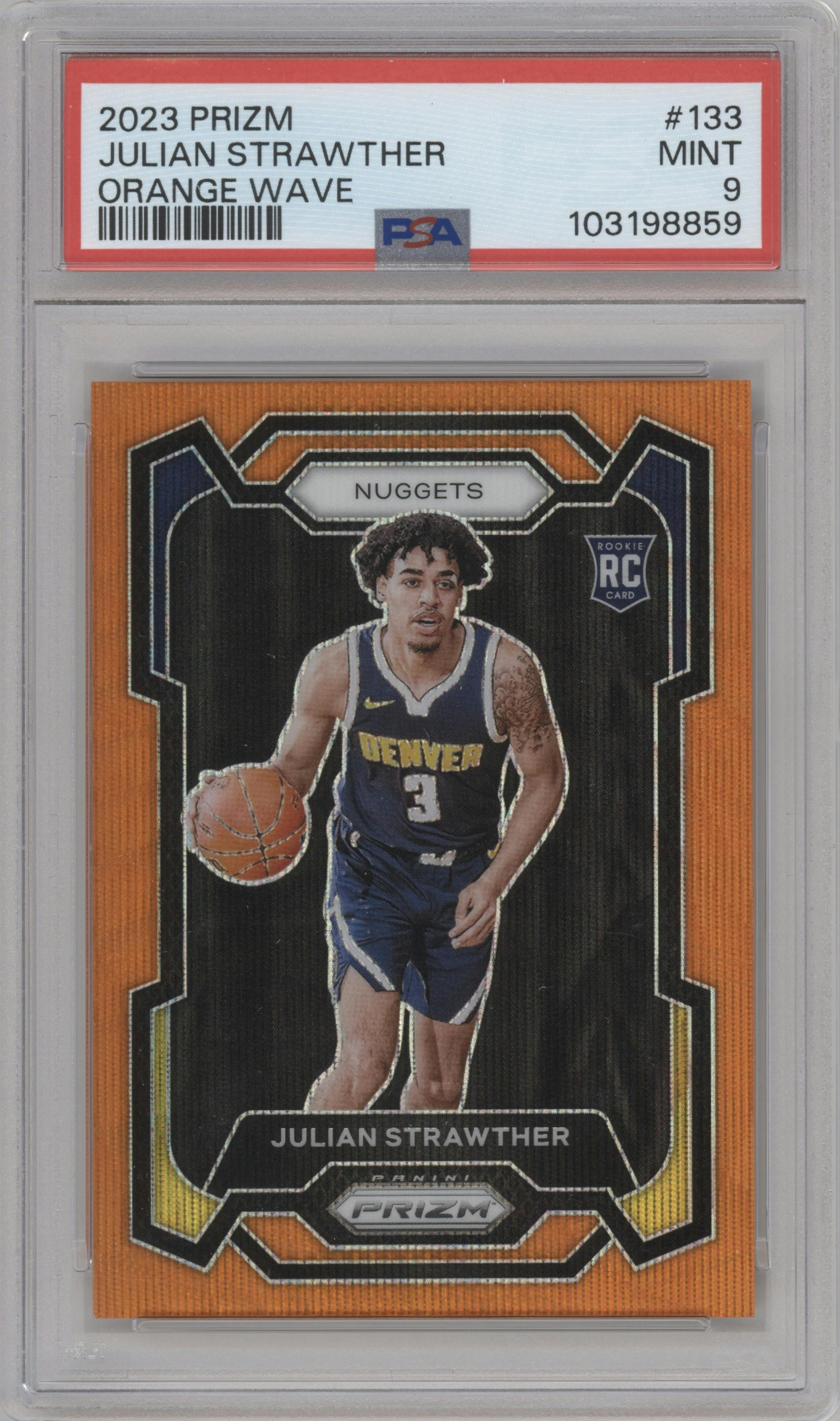 Julian Strawther from the 2023-24 Panini Prizm set featuring a Orange Wave parallel graded by PSA and given an overall grade of 9.