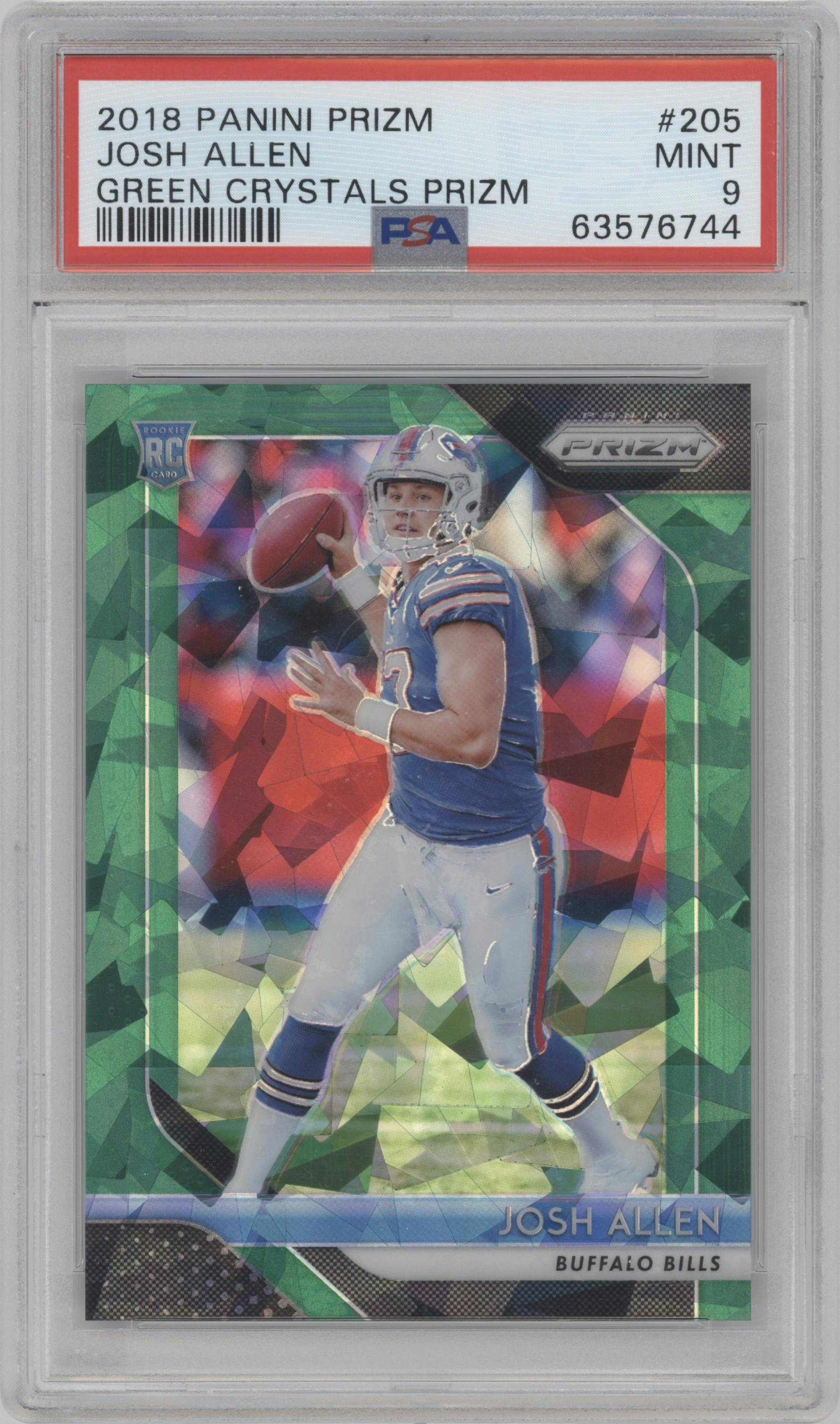 Josh Allen from the 2018 Panini Prizm set featuring a Green Crystals Prizm  parallel graded by PSA and given an overall grade of 9.