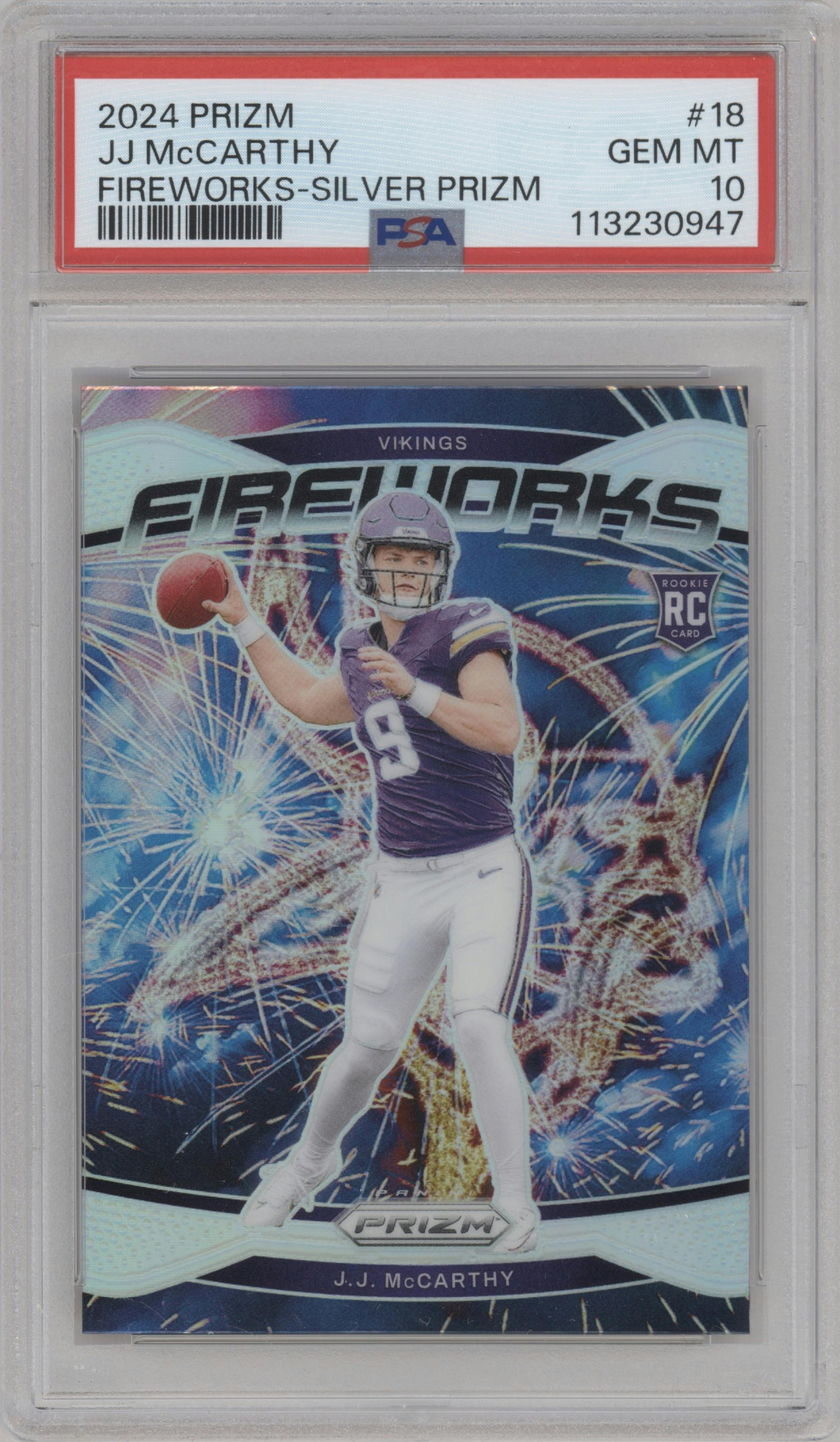J.J. McCarthy from the 2024 Panini Prizm set featuring a Silver Prizm parallel graded by PSA and given an overall grade of 10.