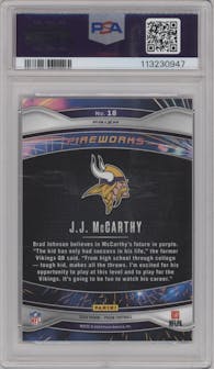 J.J. McCarthy from the 2024 Panini Prizm set featuring a Silver Prizm parallel graded by PSA and given an overall grade of 10.