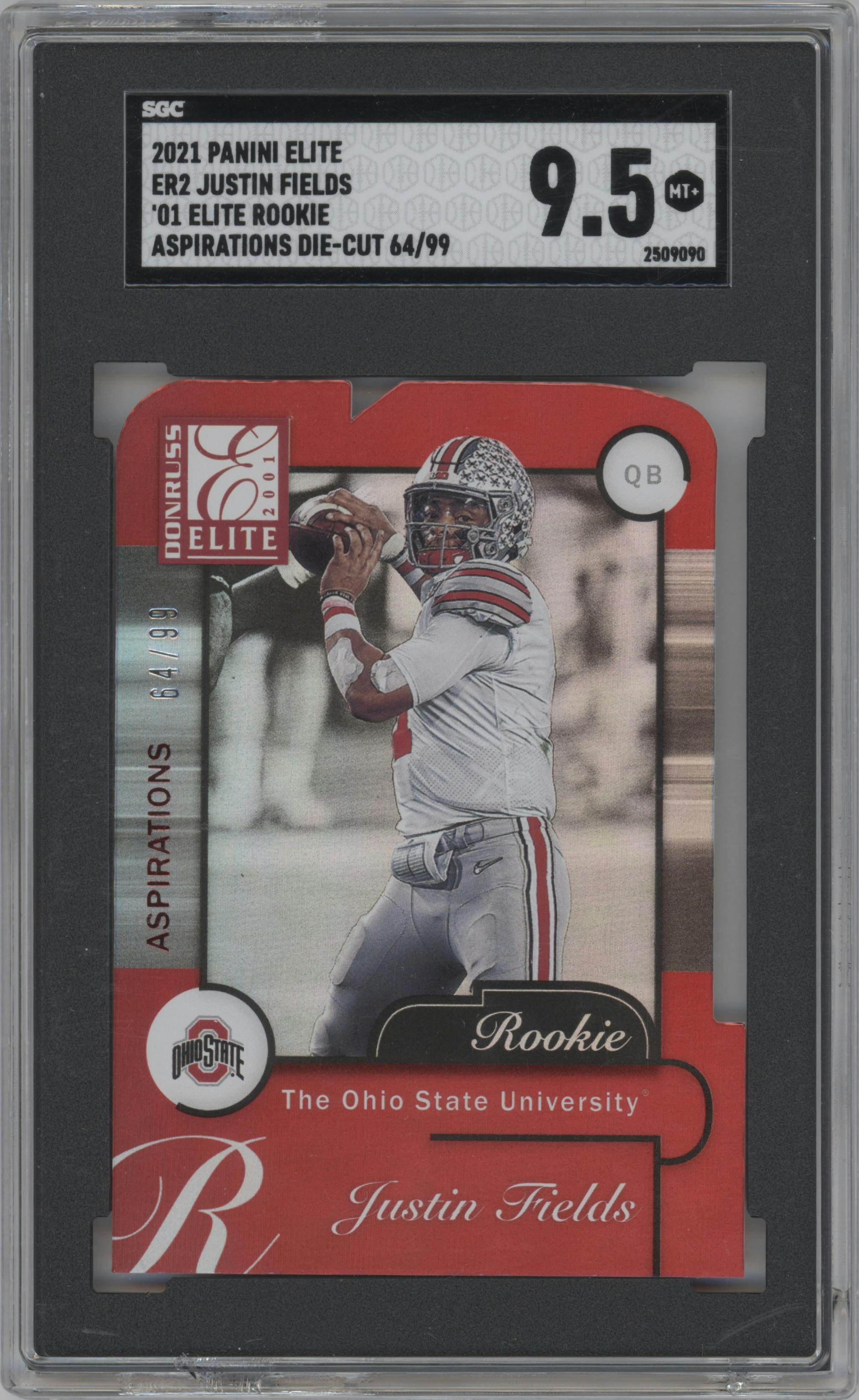 Justin Fields from the 2021 Panini Donruss Elite set featuring a Aspirations Die-Cut parallel graded by SGC and given an overall grade of 9.5.