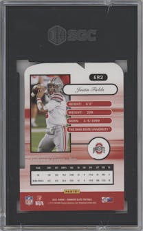 Justin Fields from the 2021 Panini Donruss Elite set featuring a Aspirations Die-Cut parallel graded by SGC and given an overall grade of 9.5.