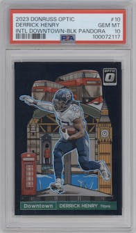  Derrick Henry from the 2023 Donruss Optic set featuring a Black Pandora parallel graded by PSA and given an overall grade of 10.