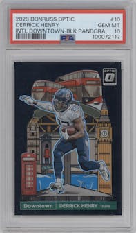 Derrick Henry from the 2023 Donruss Optic set featuring a Black Pandora parallel graded by PSA and given an overall grade of 10.