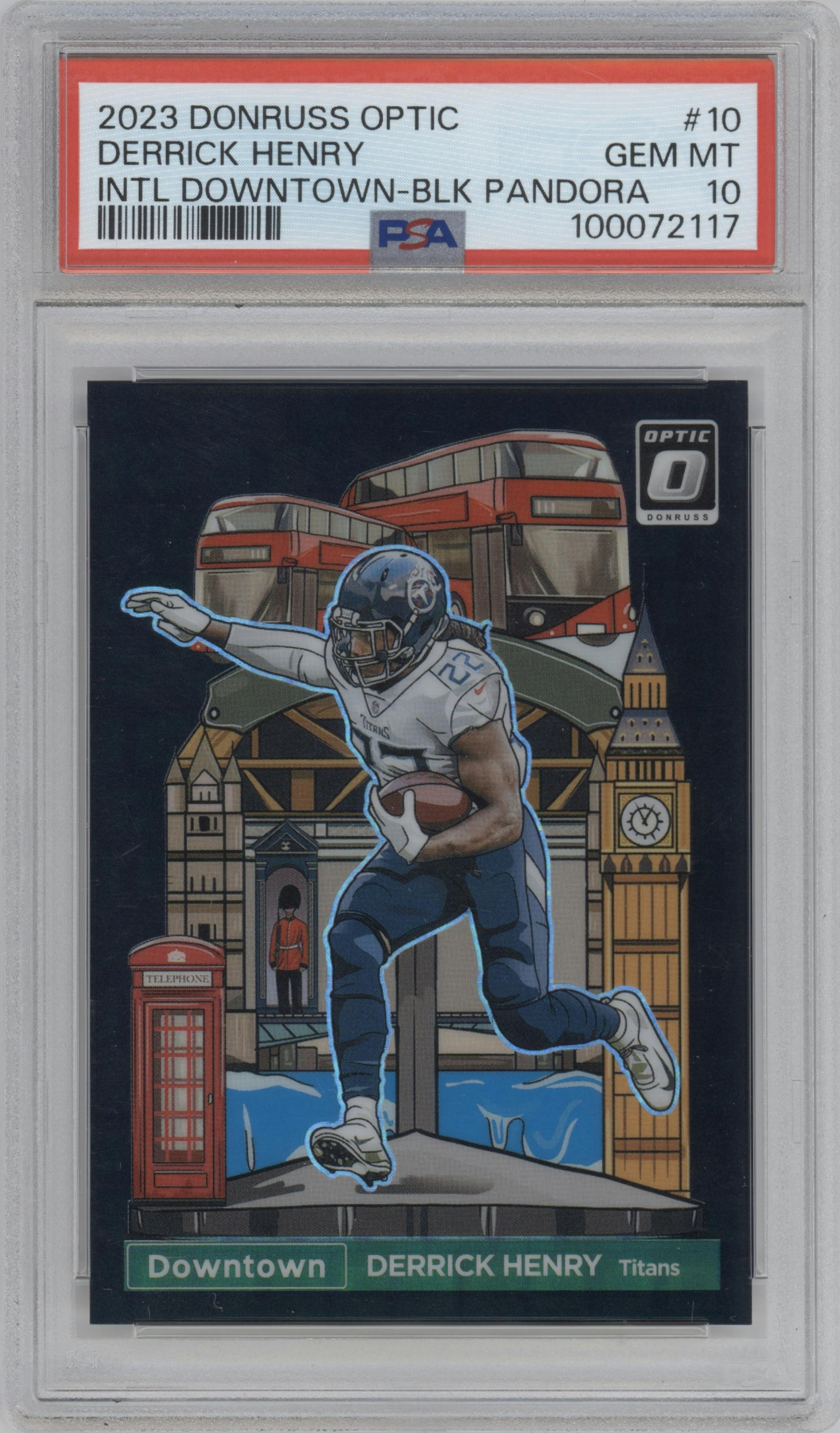  Derrick Henry from the 2023 Donruss Optic set featuring a Black Pandora parallel graded by PSA and given an overall grade of 10.