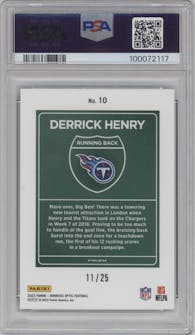  Derrick Henry from the 2023 Donruss Optic set featuring a Black Pandora parallel graded by PSA and given an overall grade of 10.