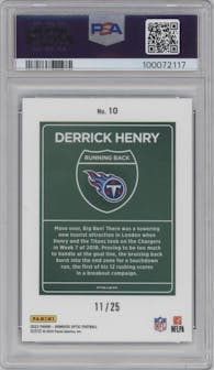  Derrick Henry from the 2023 Donruss Optic set featuring a Black Pandora parallel graded by PSA and given an overall grade of 10.
