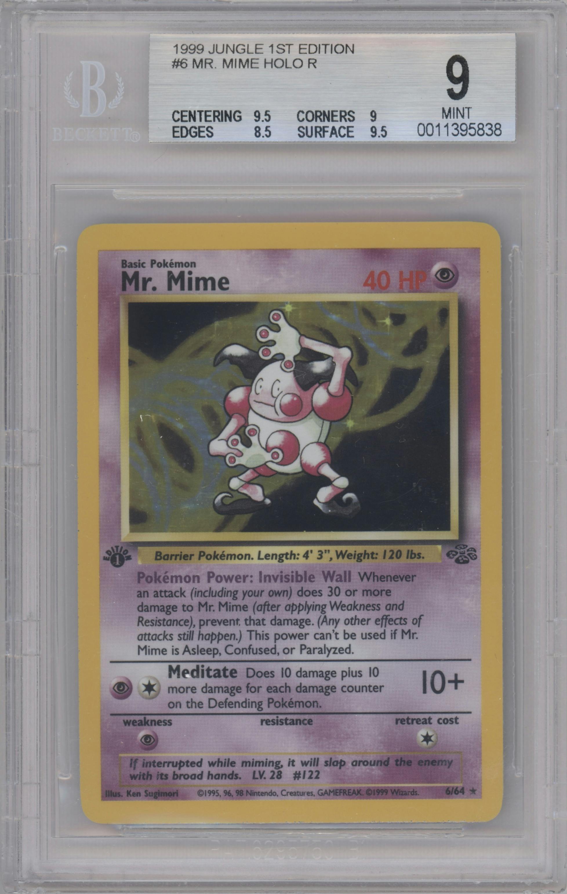 Mr. Mime from the 1999 Pokemon set graded by Beckett and given an overall grade of 9.