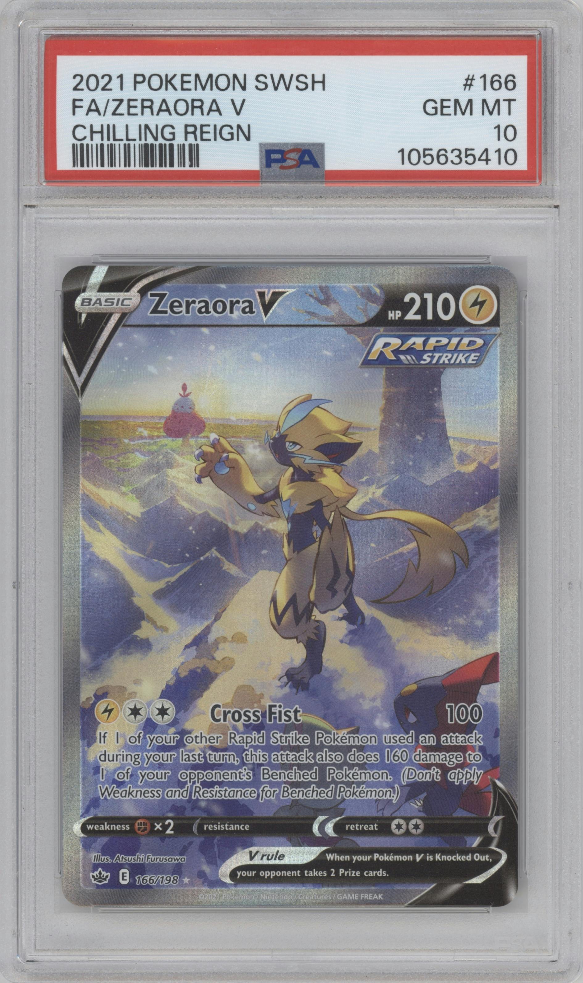 Zeraora V from the 2021 Pokemon SWSH set graded by PSA and given an overall grade of 10.