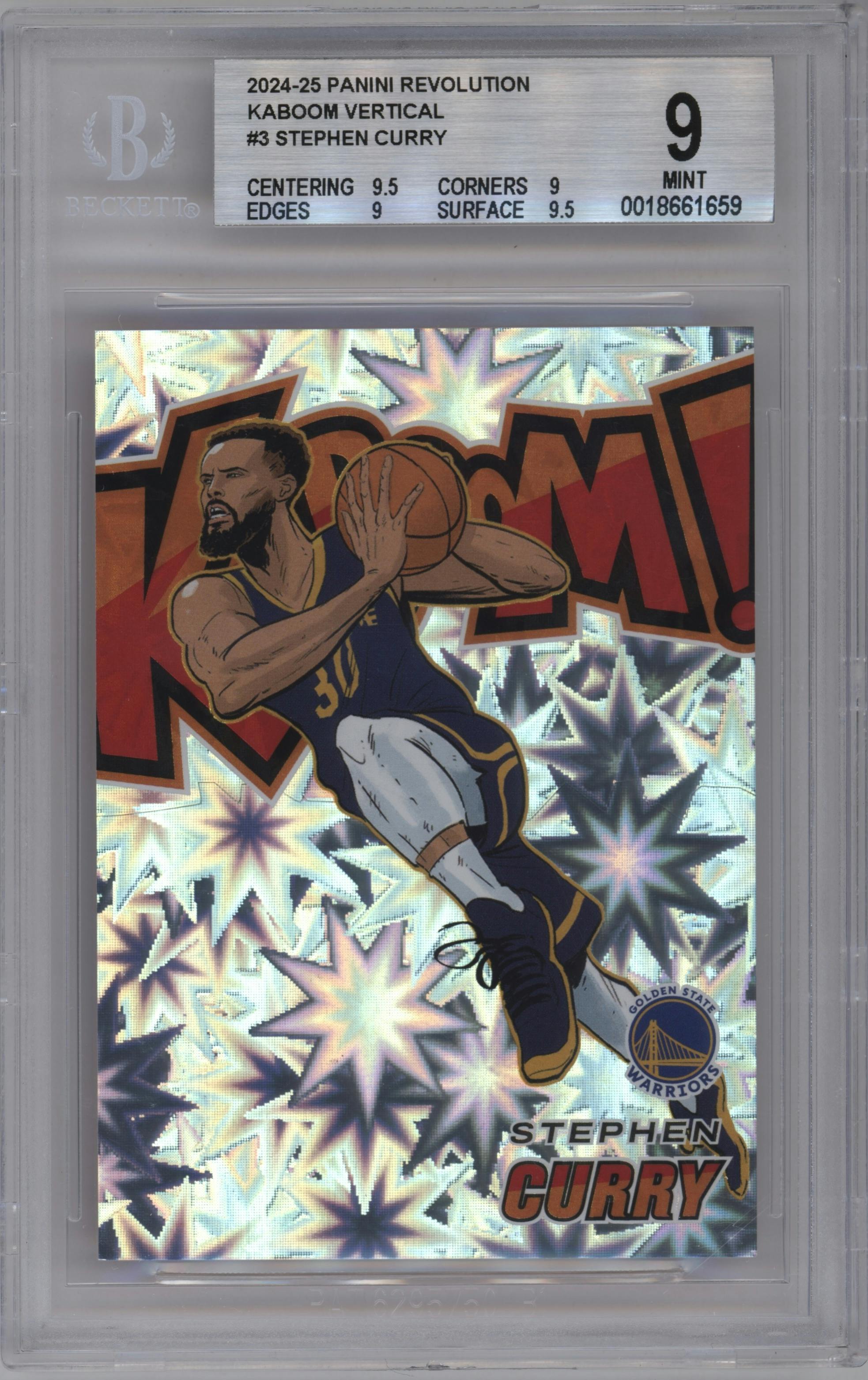 Stephen Curry from the 2024-25 Panini Revolution set graded by Beckett and given an overall grade of 9.