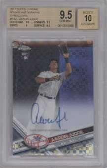 Aaron Judge from the 2017 Topps Chrome set featuring a X-Fractor parallel graded by Beckett and given an overall grade of 9.5.