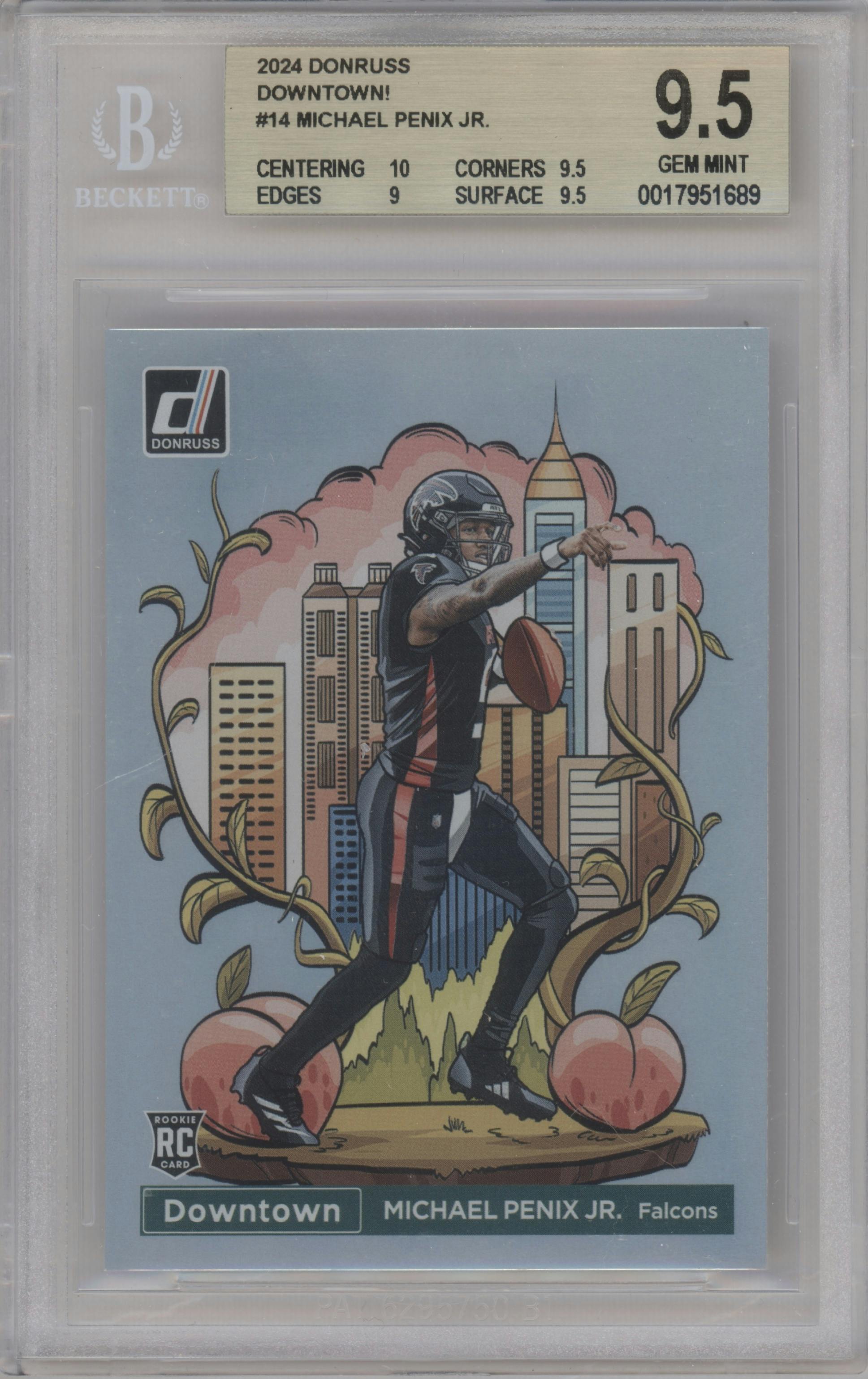 Michael Penix Jr. from the 2024 Donruss set graded by Beckett and given an overall grade of 9.5.