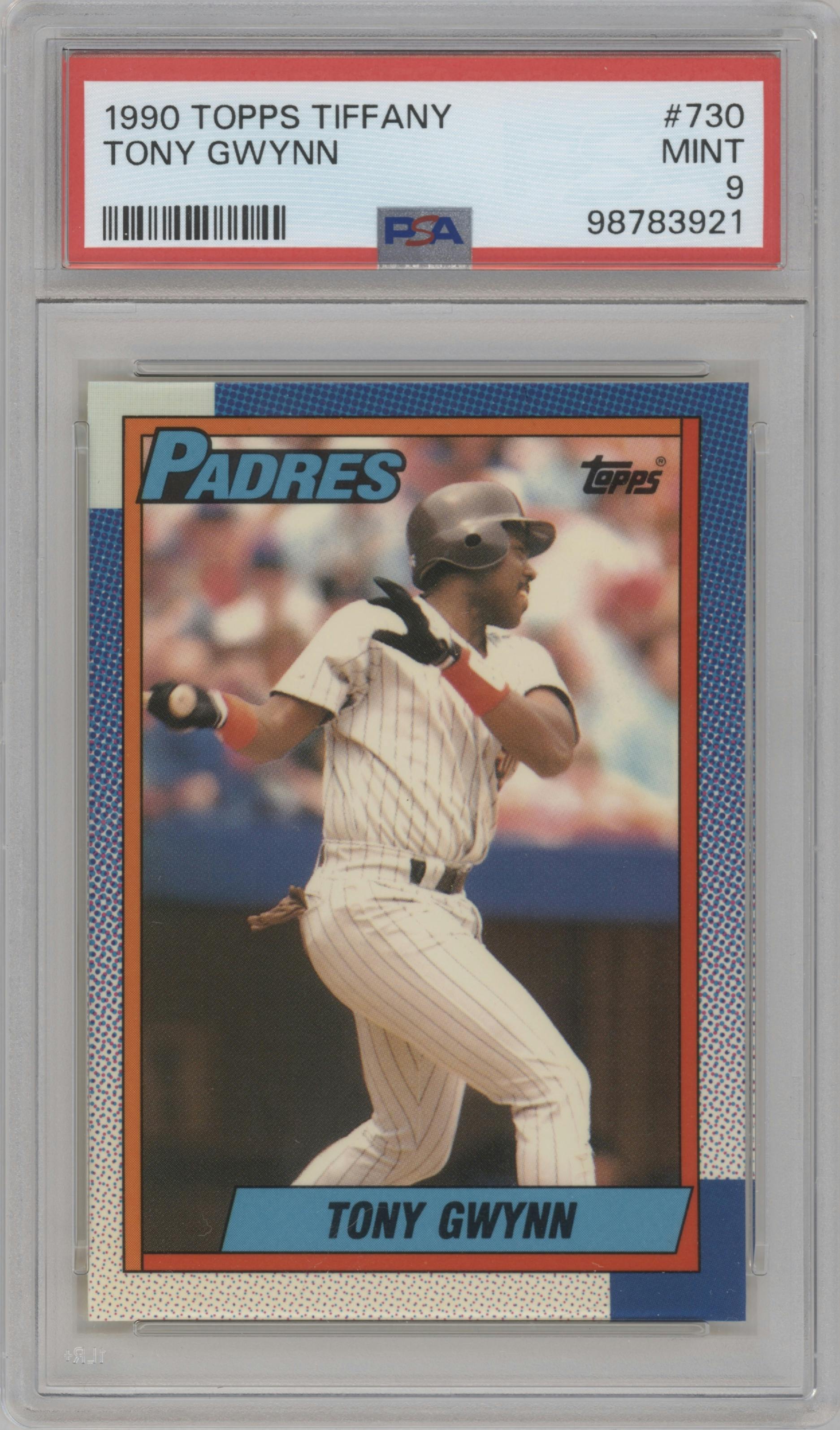 Tony Gwynn from the 1990 Topps set featuring a Tiffany parallel graded by PSA and given an overall grade of 9.