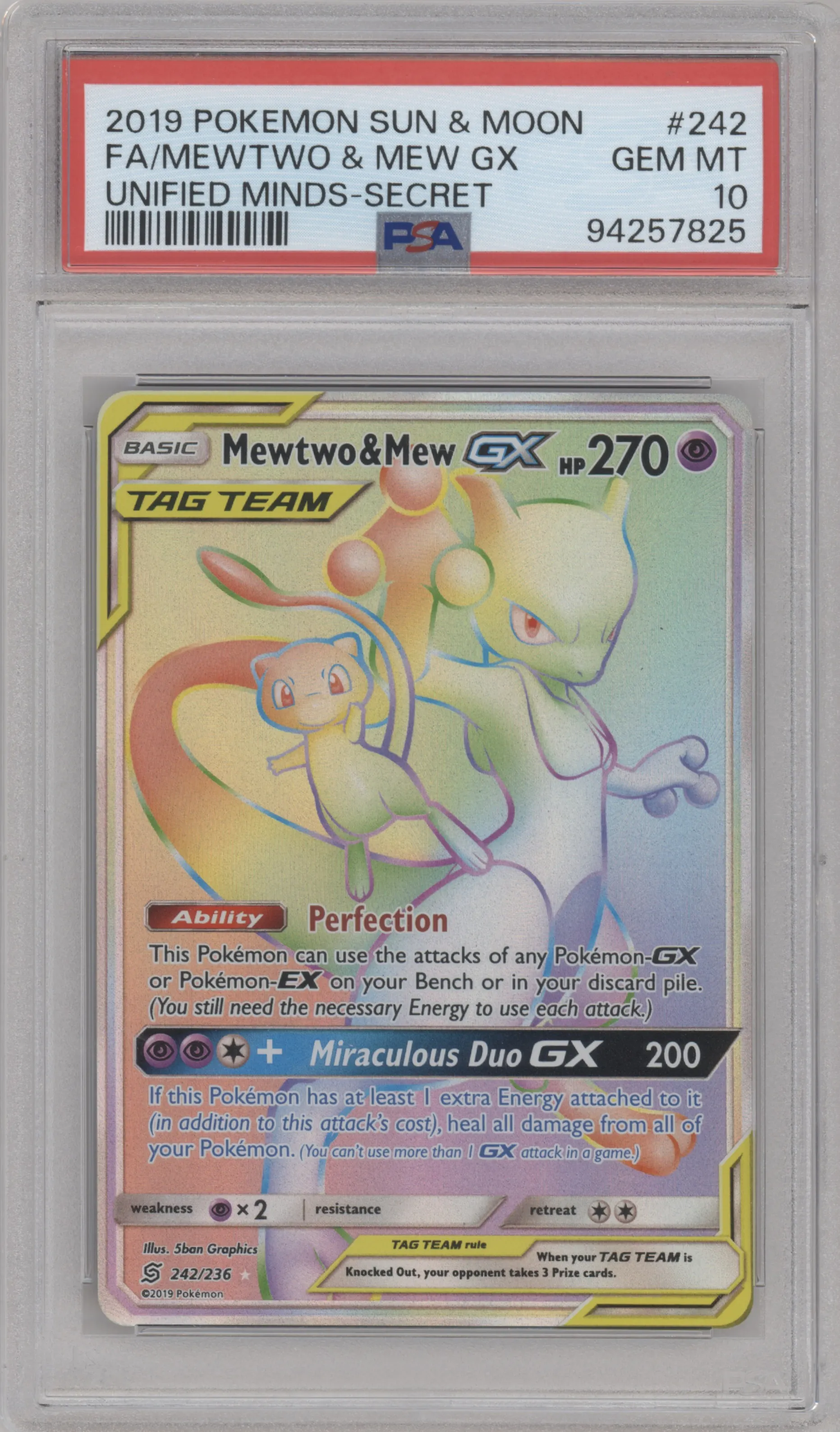 Mewtwo & Mew GX from the 2019 Pokemon S&M  set graded by PSA and given an overall grade of 10.