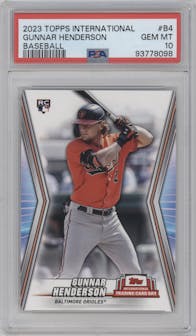 Gunnar Henderson from the 2023 Topps International Trading Card Day Promo Cards set graded by PSA and given an overall grade of 10.