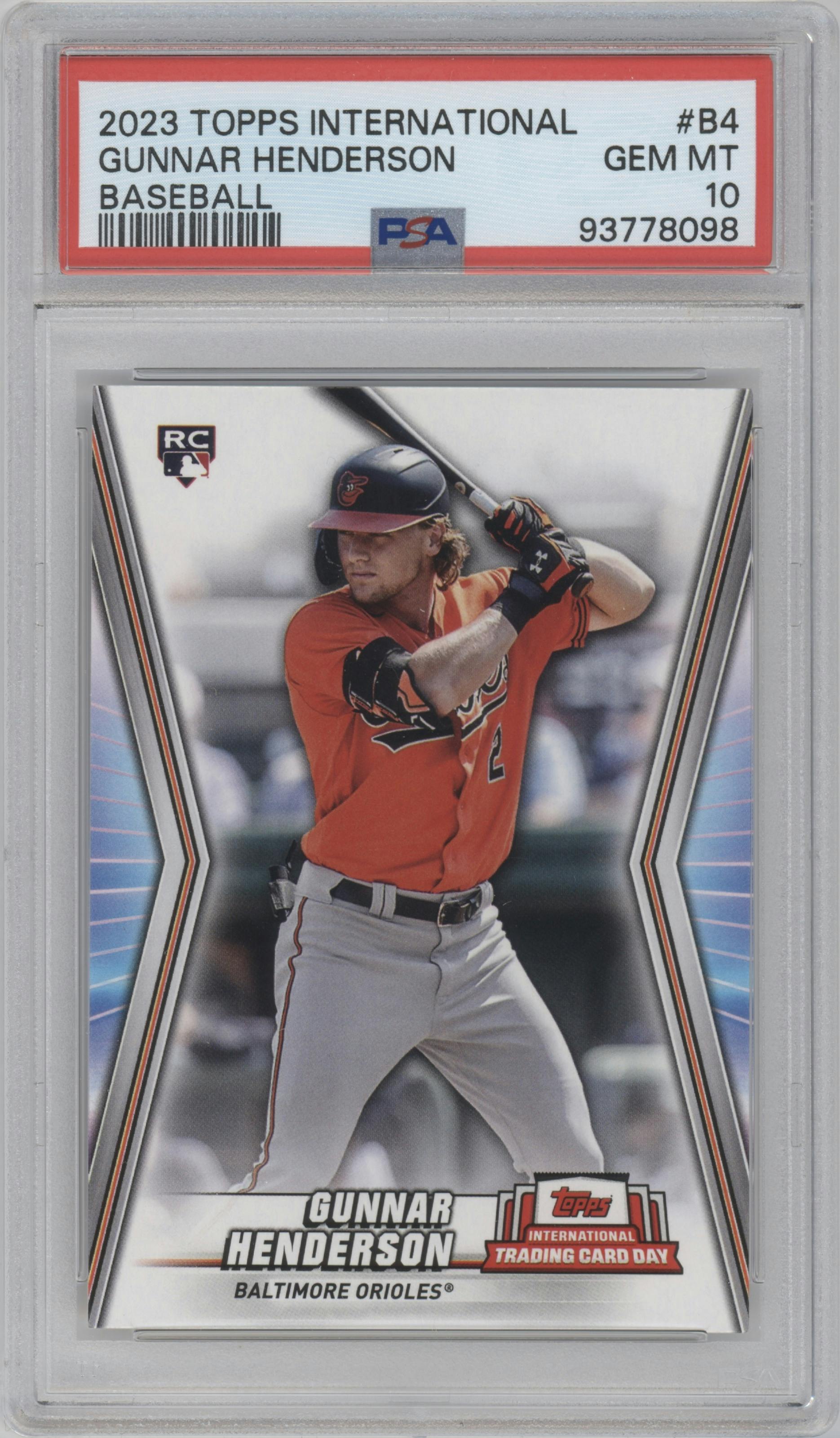Gunnar Henderson from the 2023 Topps International Trading Card Day Promo Cards set graded by PSA and given an overall grade of 10.