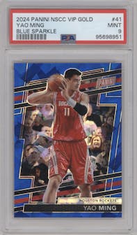 Yao Ming from the 2024 Panini The National VIP set featuring a Blue Sparkle parallel graded by PSA and given an overall grade of 9.