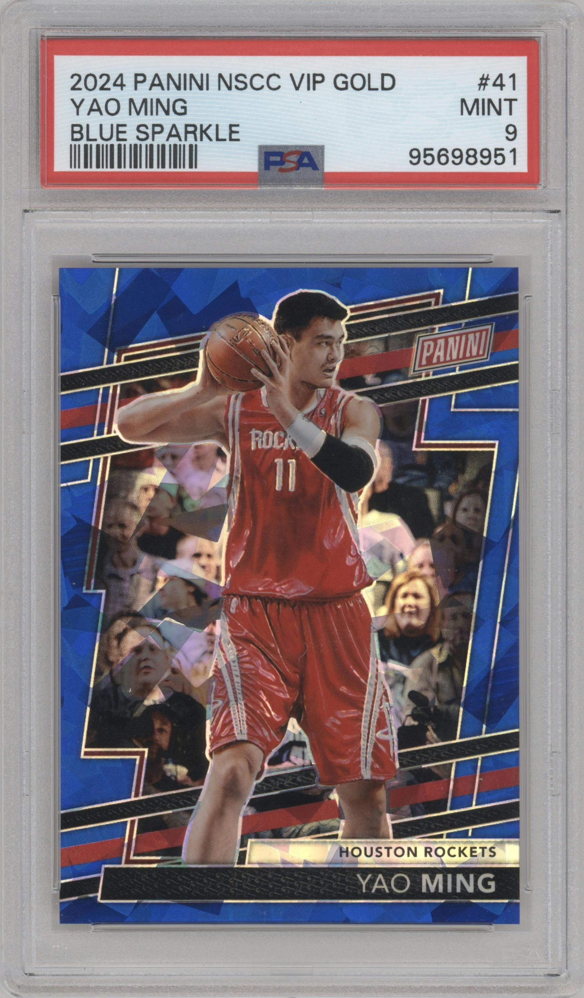 Yao Ming from the 2024 Panini The National VIP set featuring a Blue Sparkle parallel graded by PSA and given an overall grade of 9.
