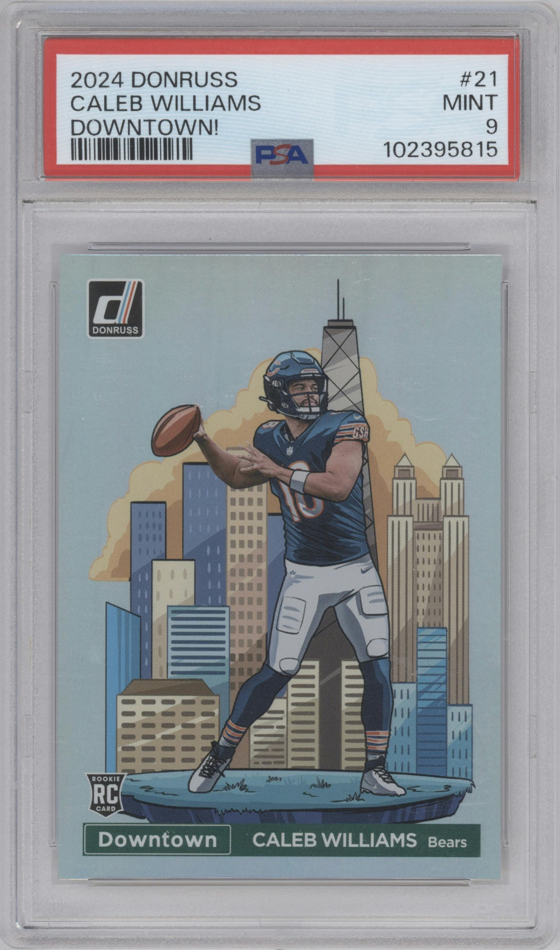 Caleb Williams from the 2024 Donruss set graded by PSA and given an overall grade of 9.