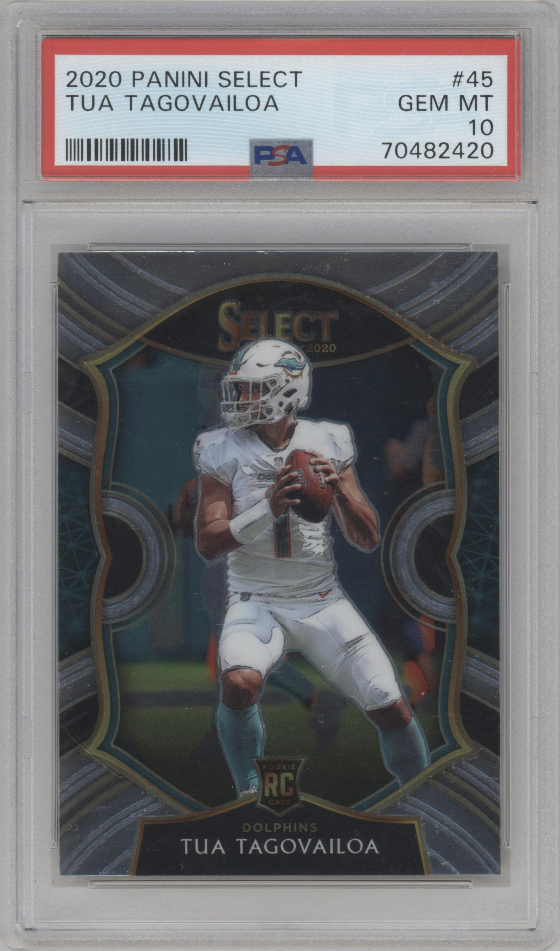 Tua Tagovailoa from the 2020 Panini Select set graded by PSA and given an overall grade of 10.