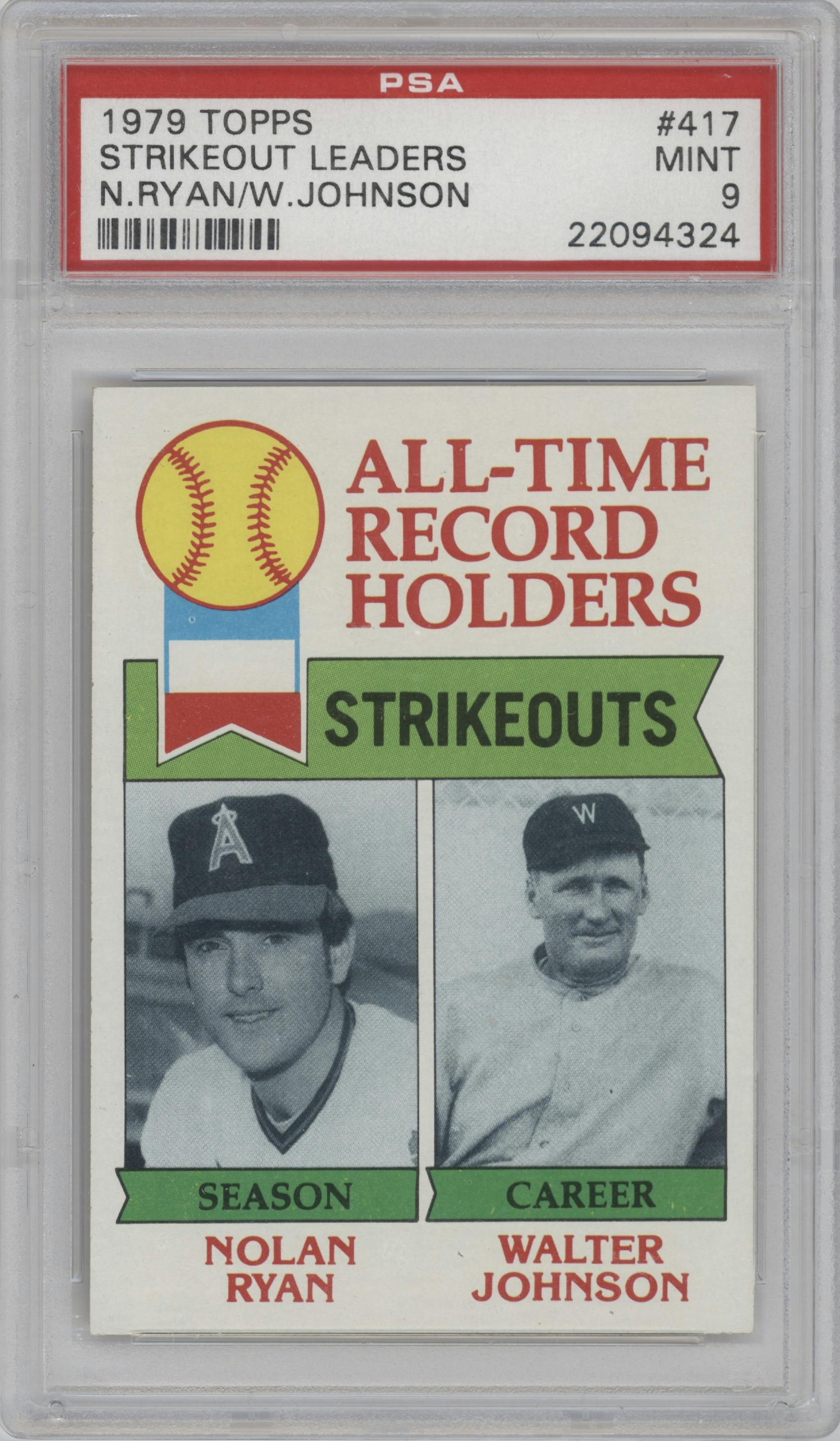 Nolan Ryan/Walter Johnson from the 1979 Topps set graded by PSA and given an overall grade of 9.