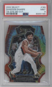 Shaedon Sharpe from the 2022-23 Panini Select set featuring a Die-Cut Tie-Dye parallel graded by PSA and given an overall grade of 9.