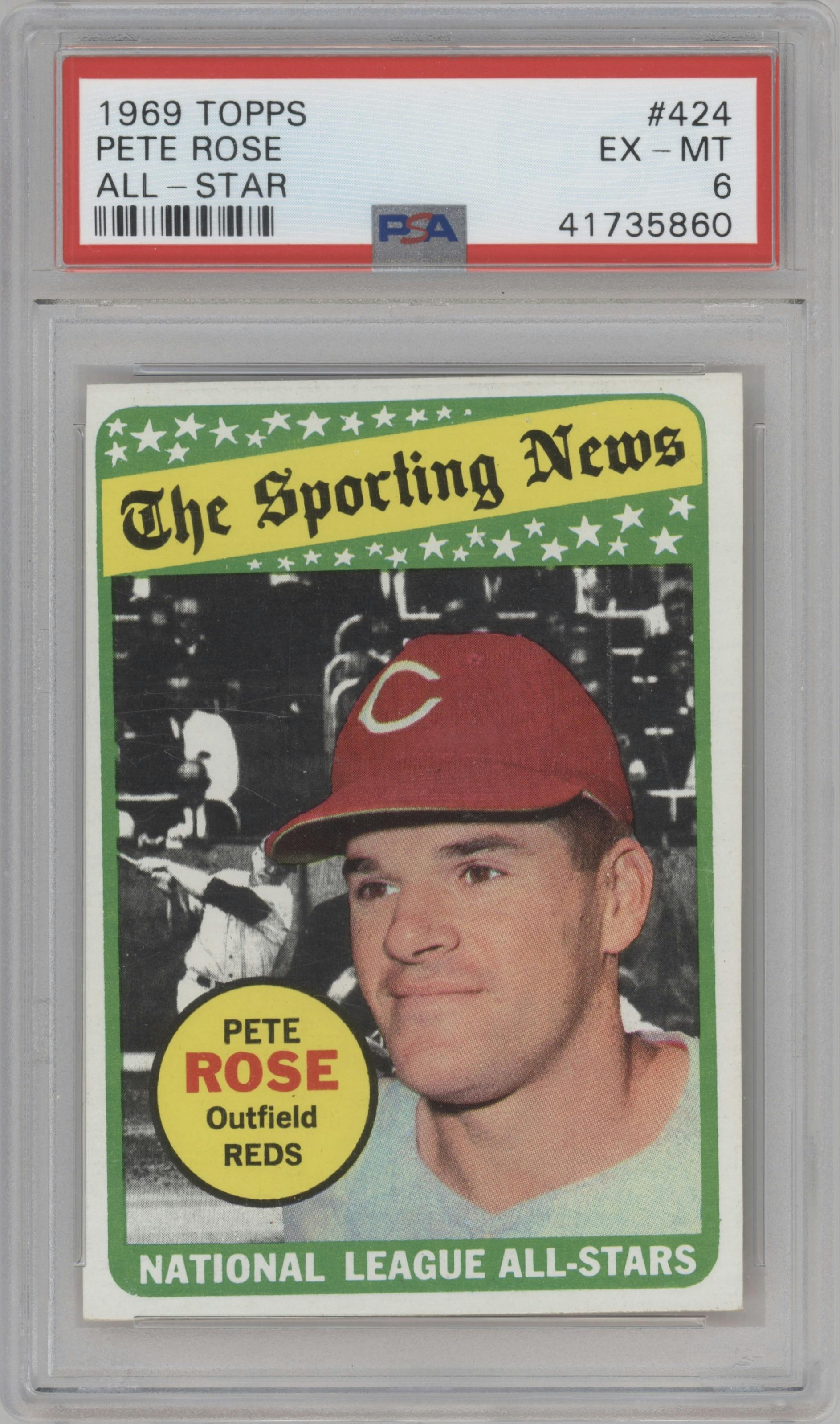 Pete Rose from the 1969 Topps set graded by PSA and given an overall grade of 6.