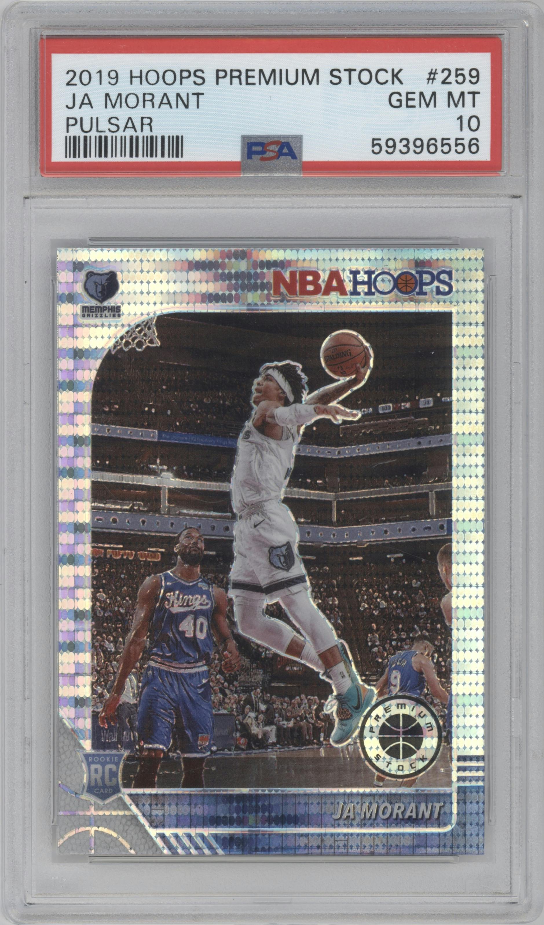 Ja Morant from the 2019-20 Panini Hoops Premium Stock set featuring a Pulsar parallel graded by PSA and given an overall grade of 10.