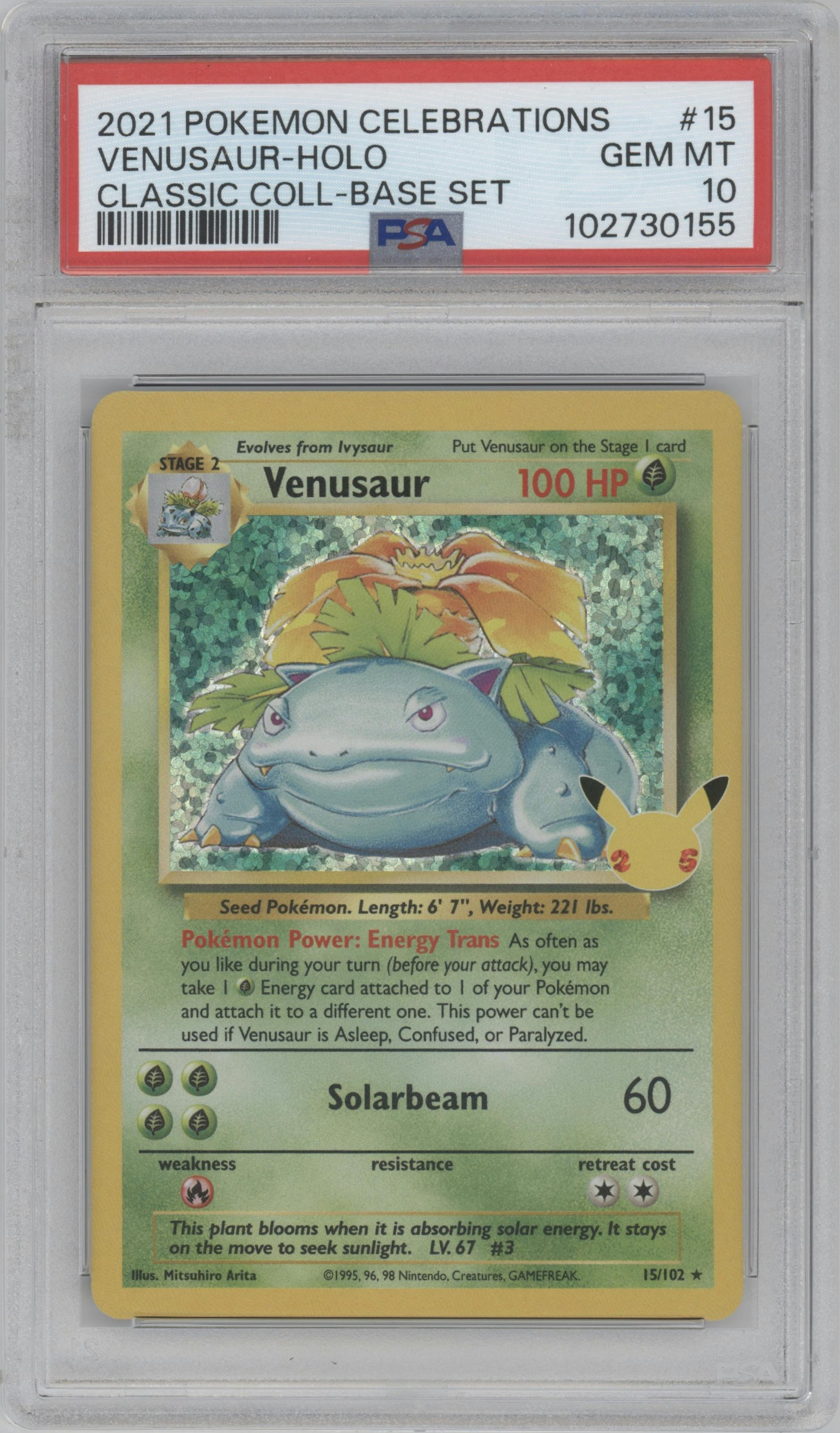 Venusaur from the 2021 Pokemon SWSH set featuring a Base Set parallel graded by PSA and given an overall grade of 10.