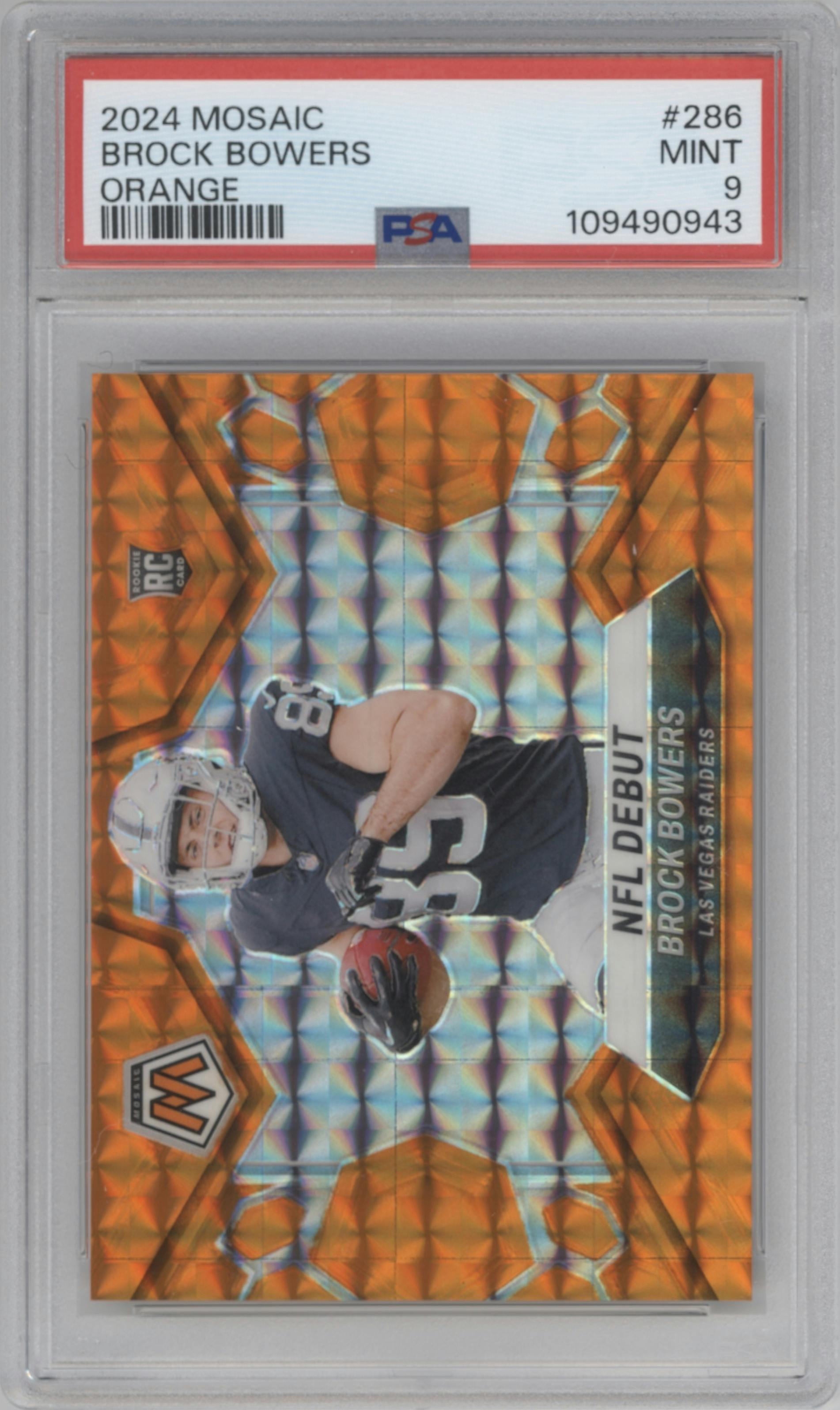 Brock Bowers from the 2024 Panini Mosaic set featuring a Orange parallel graded by PSA and given an overall grade of 9.