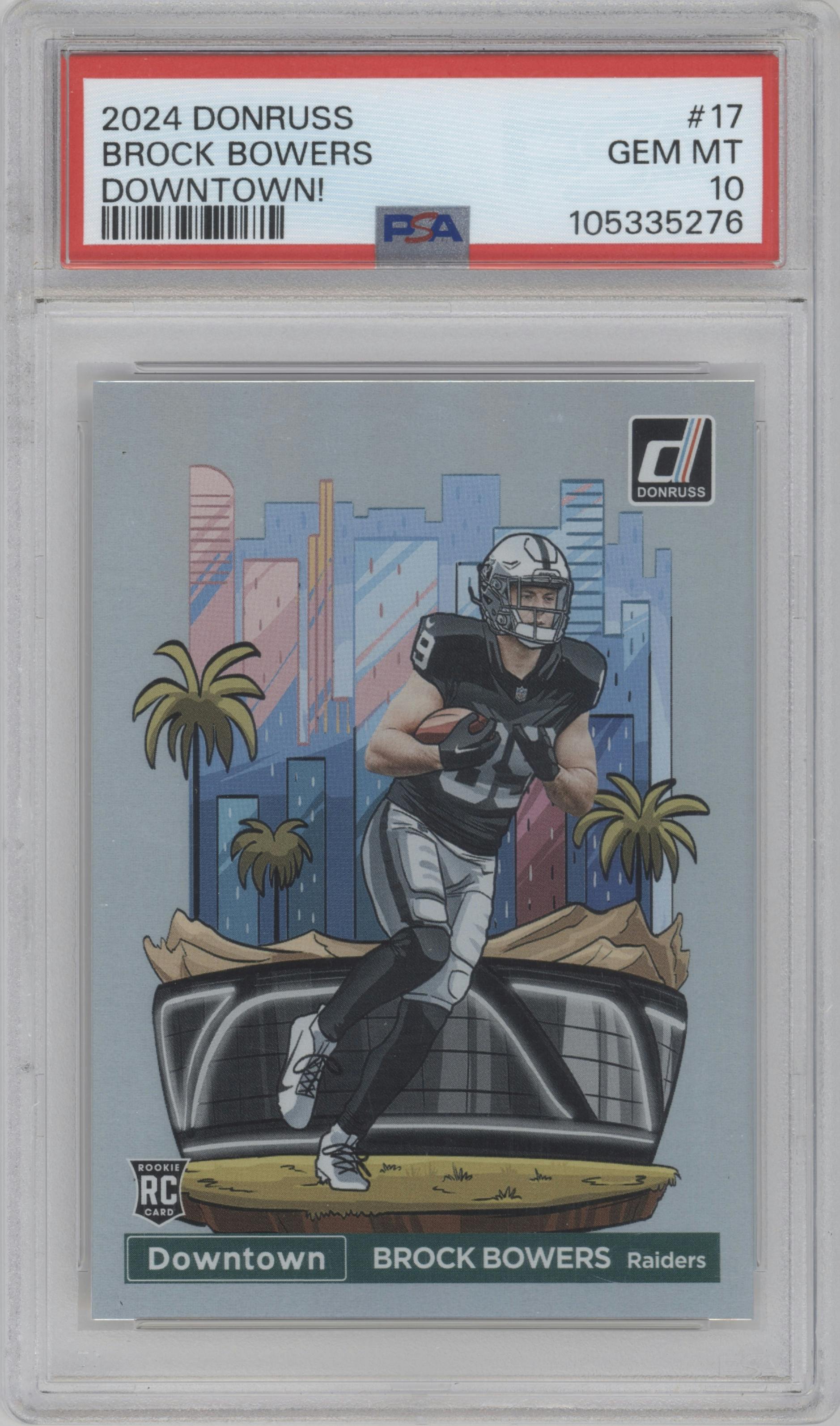 Brock Bowers from the 2024 Donruss set graded by PSA and given an overall grade of 10.
