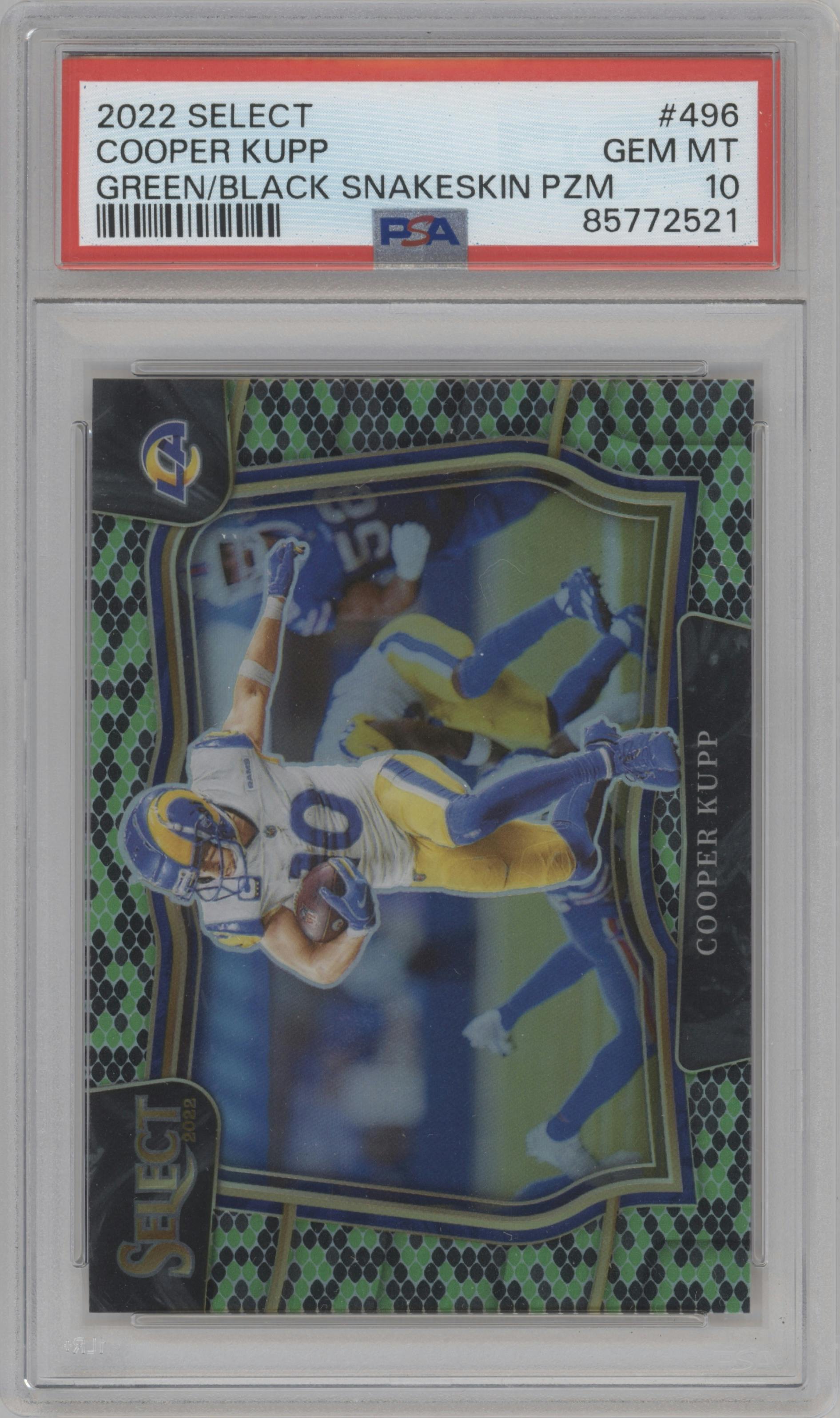 Cooper Kupp from the 2022 Panini Select set featuring a Green/Black Snakeskin parallel graded by PSA and given an overall grade of 10.