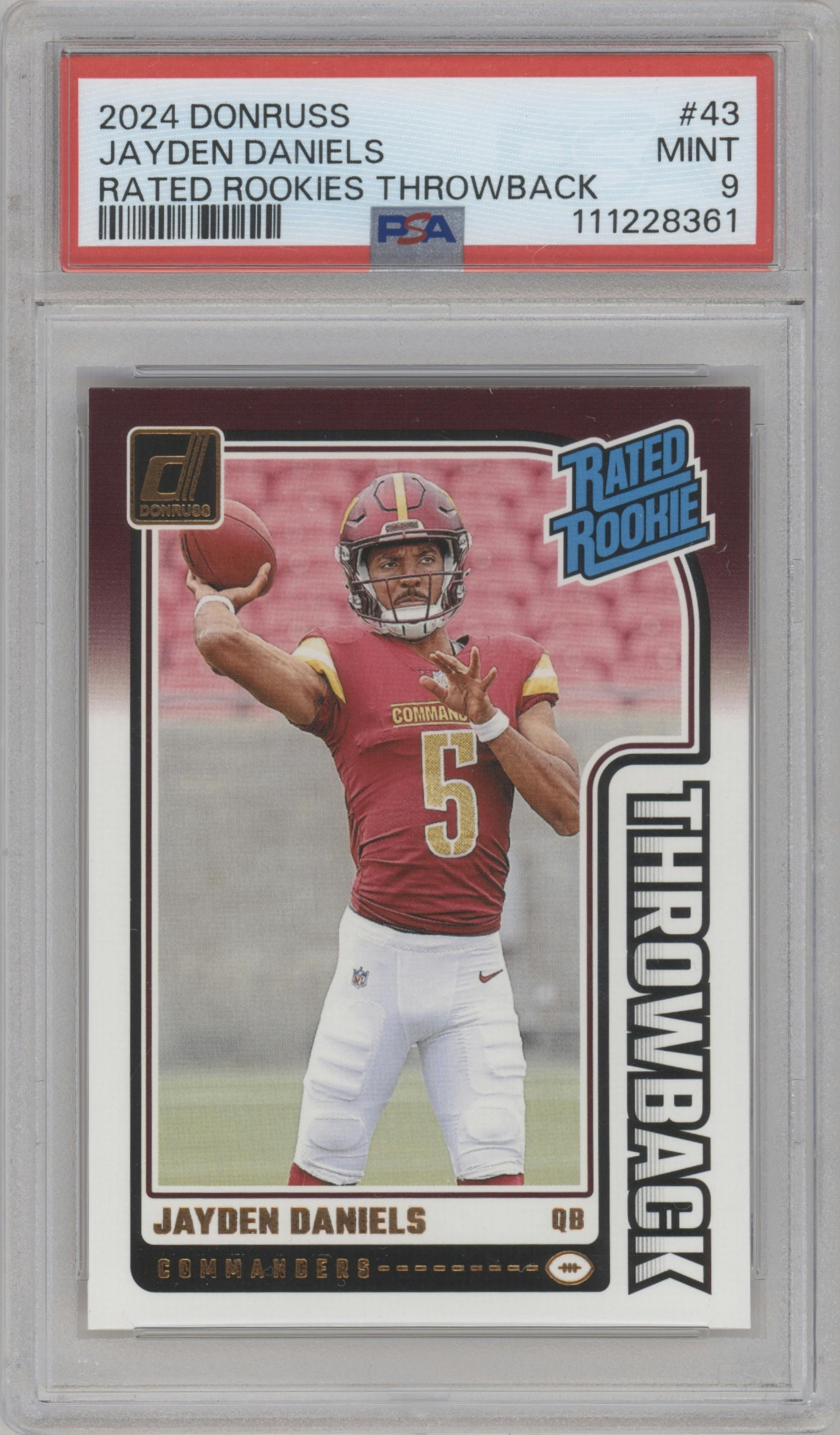 Jayden Daniels from the 2024 Donruss set graded by PSA and given an overall grade of 9.