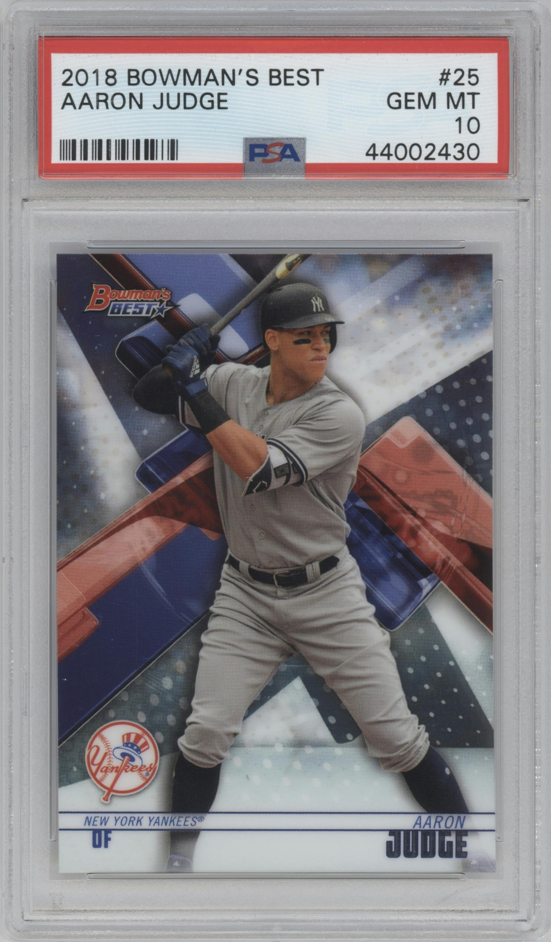 Aaron Judge from the 2018 Bowman’s Best set graded by PSA and given an overall grade of 10.