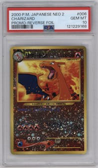 Charizard from the 2000 Pokemon Neo 2 JPN set graded by PSA and given an overall grade of 10.