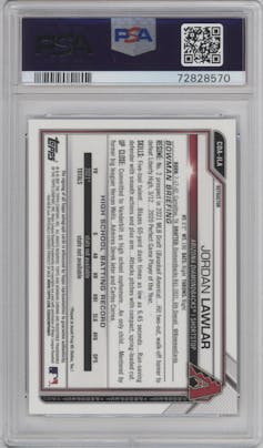Jordan Lawlar from the 2021 Bowman Draft set featuring a Refractor parallel graded by PSA and given an overall grade of 9.