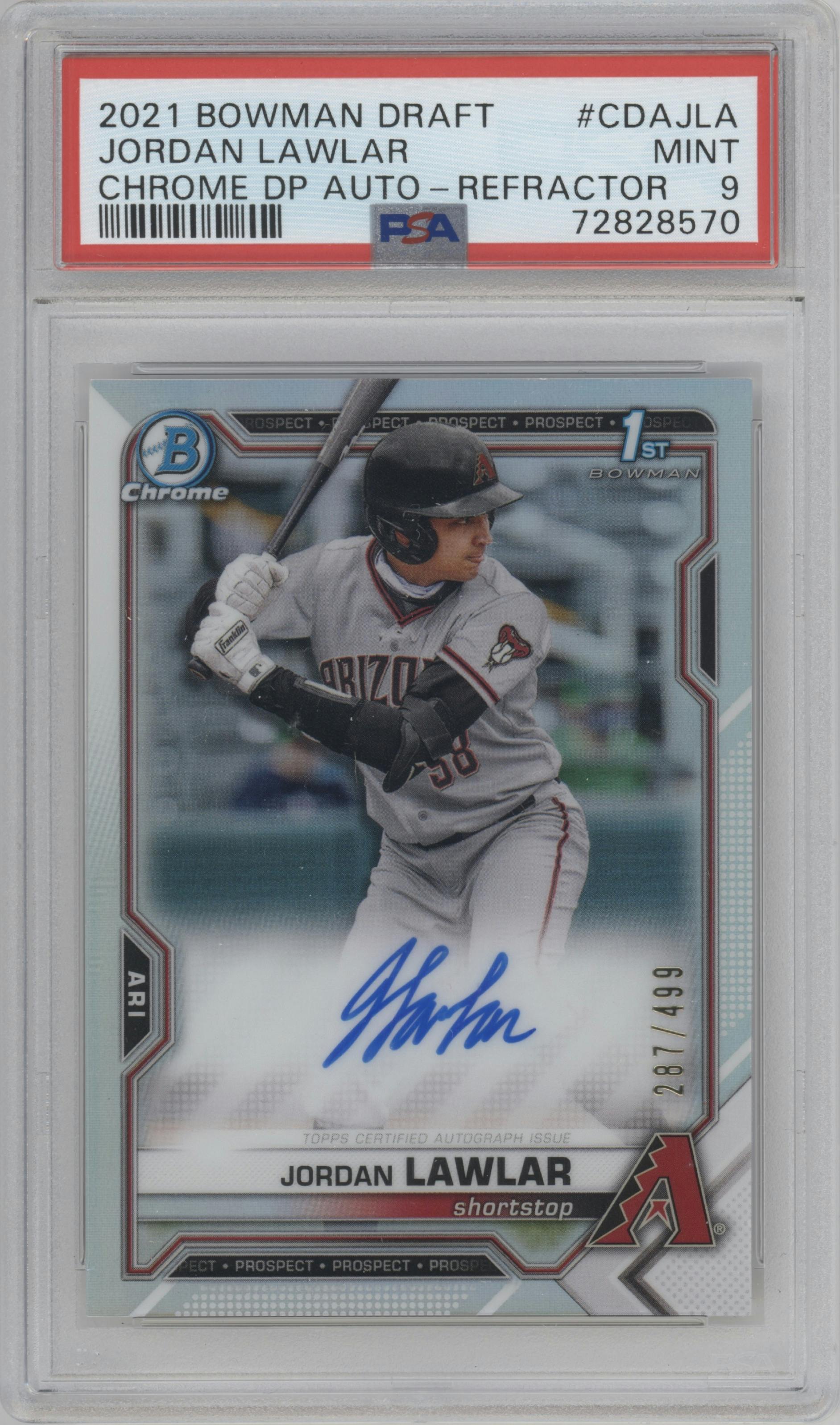 Jordan Lawlar from the 2021 Bowman Draft set featuring a Refractor parallel graded by PSA and given an overall grade of 9.