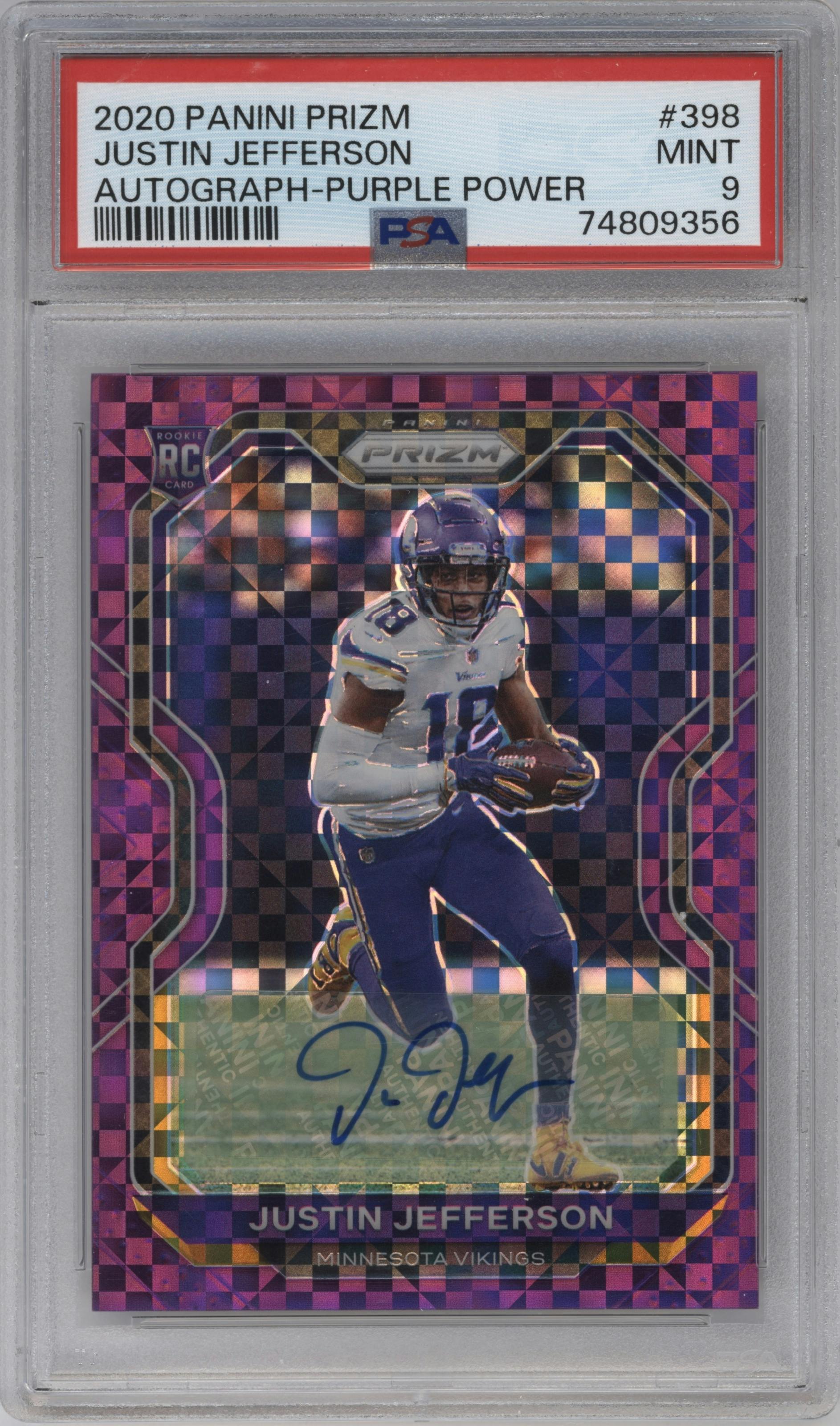 Justin Jefferson from the 2020 Panini Prizm set featuring a Purple Power  parallel graded by PSA and given an overall grade of 9.