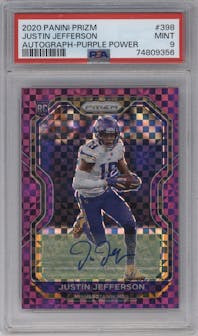 Justin Jefferson from the 2020 Panini Prizm set featuring a Purple Power parallel graded by PSA and given an overall grade of 9.