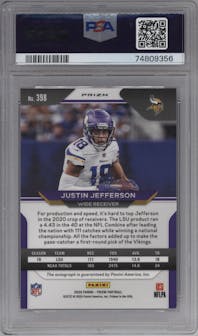 Justin Jefferson from the 2020 Panini Prizm set featuring a Purple Power  parallel graded by PSA and given an overall grade of 9.