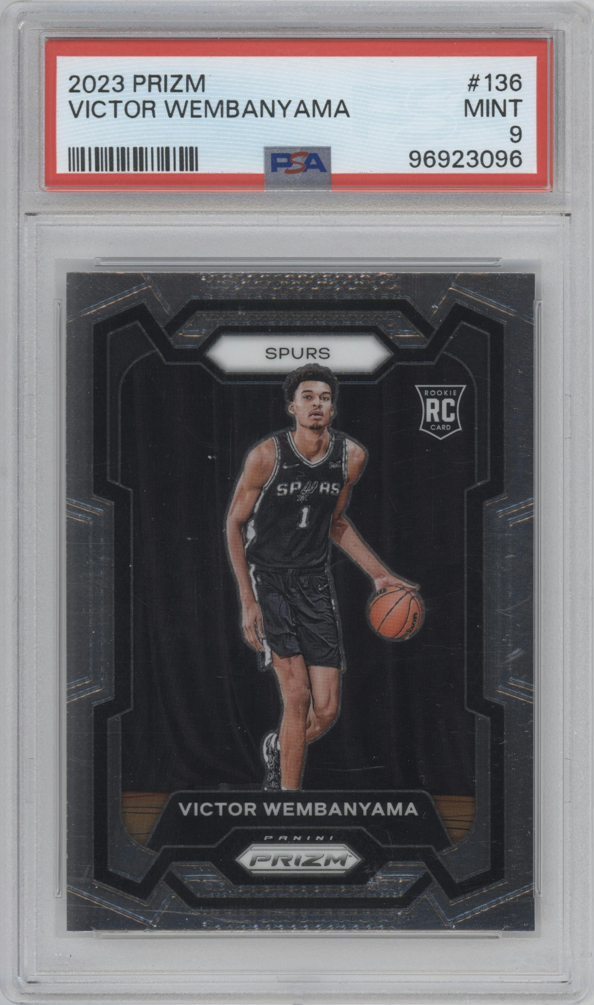 Victor Wembanyama from the 2023-24 Panini Prizm set graded by PSA and given an overall grade of 9.