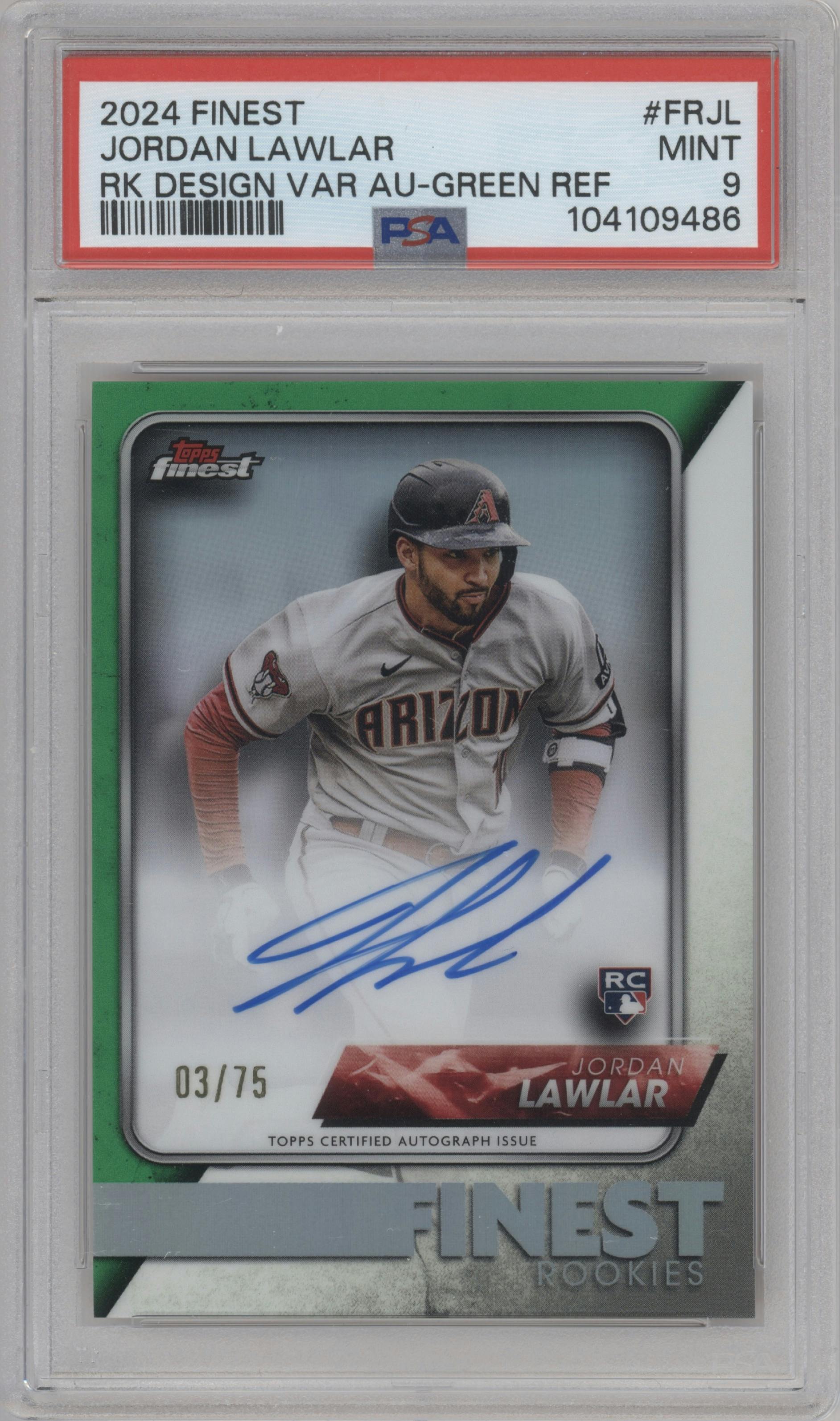 Jordan Lawlar from the 2024 Topps Finest set featuring a Green Refractor parallel graded by PSA and given an overall grade of 9.