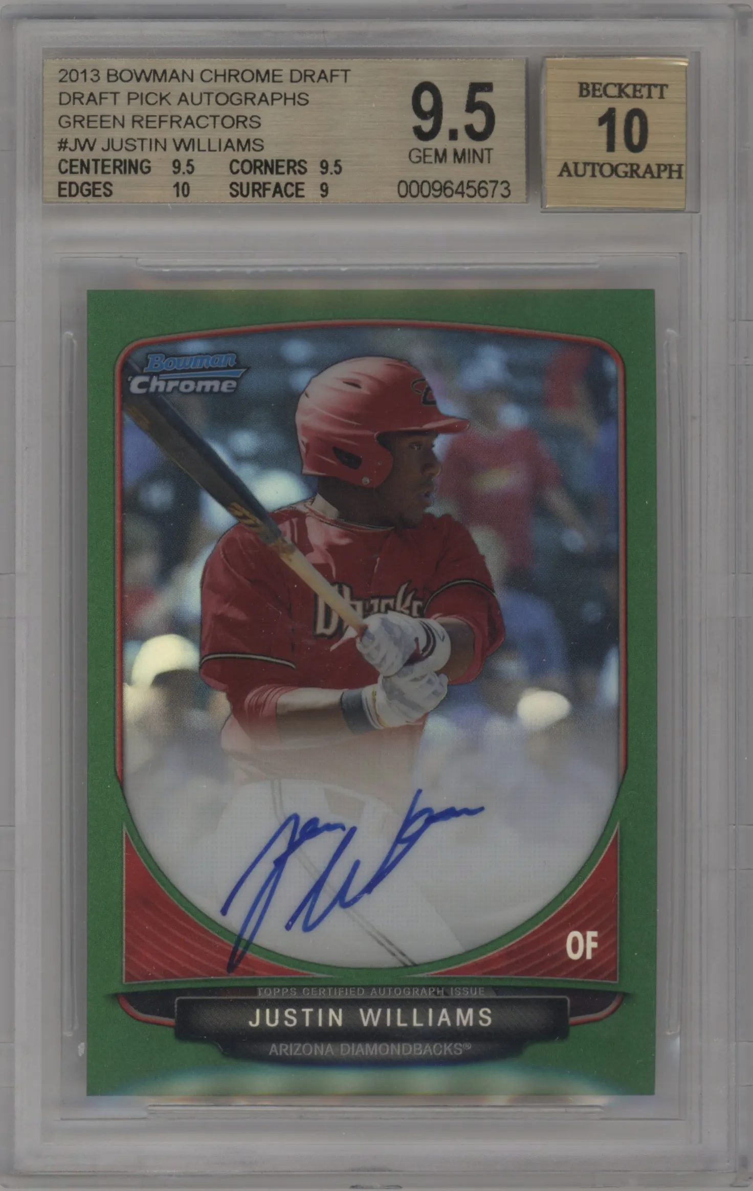2013 Bowman Draft Picks & Prospects Chrome DP Auto Justin Williams Green Refractor #BCA-JW BGS 9.5