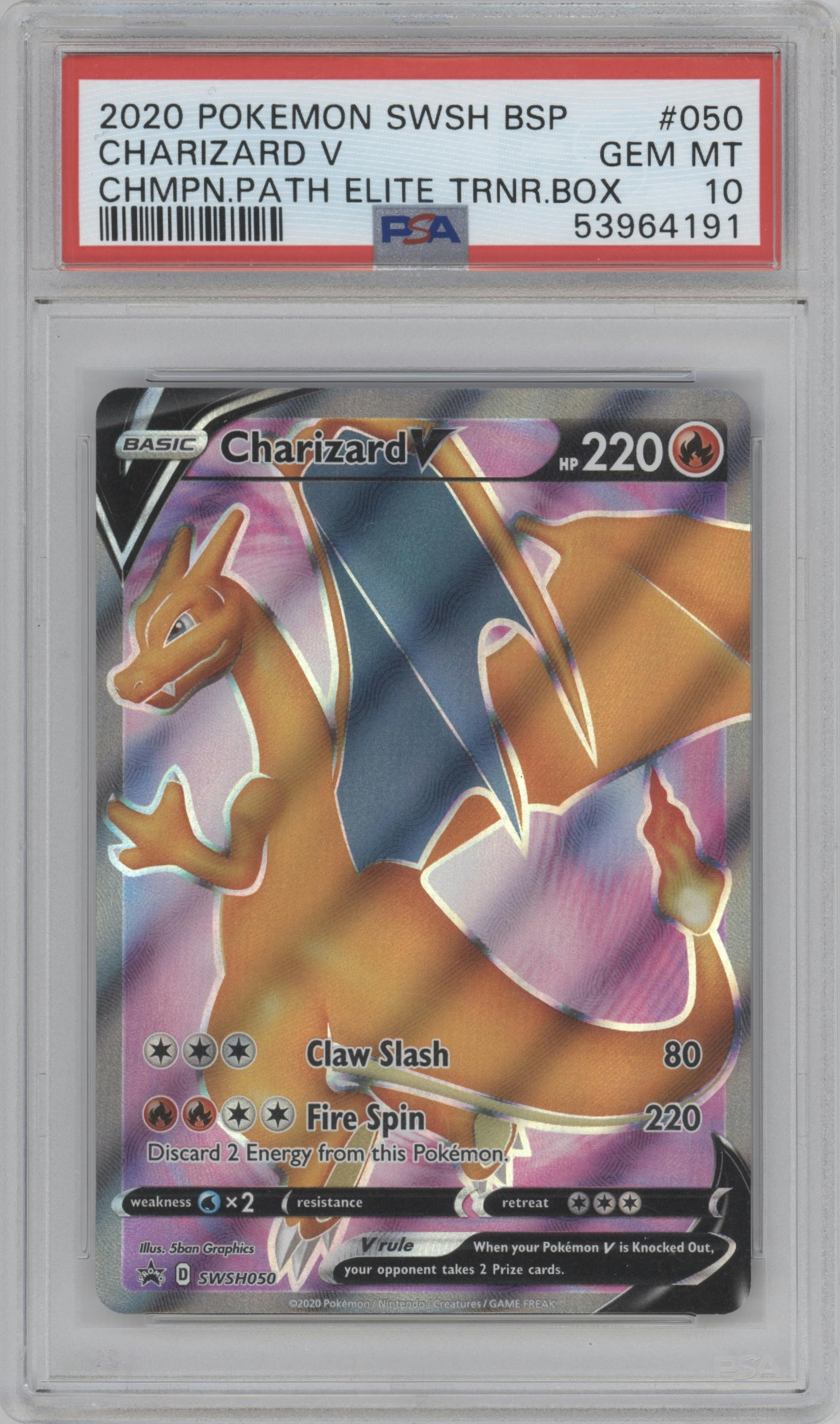 Charizard V from the 2020 Pokemon SWSH set featuring a Champion's Path ETB parallel graded by PSA and given an overall grade of 10.