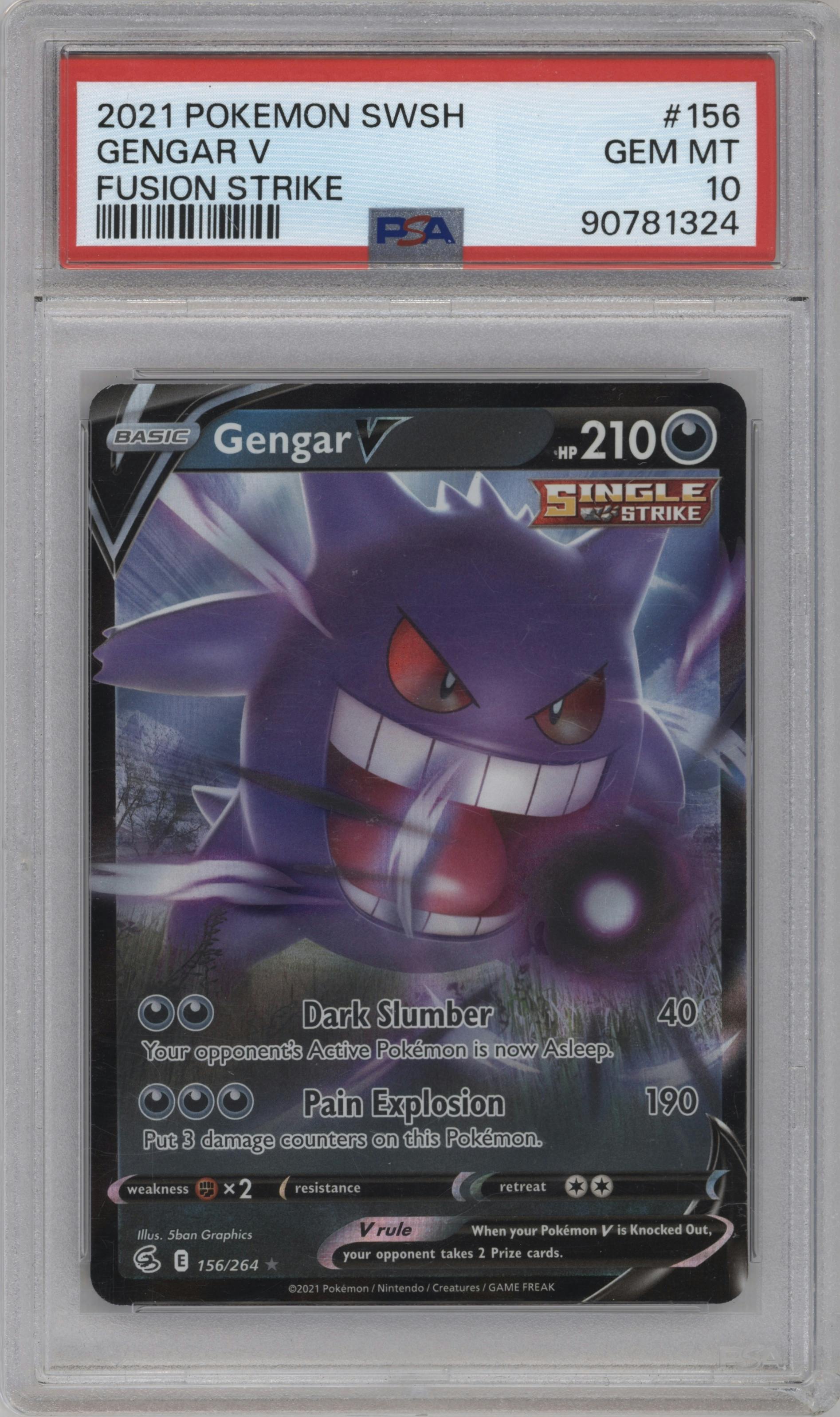 Gengar V from the 2021 Pokemon SWSH set graded by PSA and given an overall grade of 10.