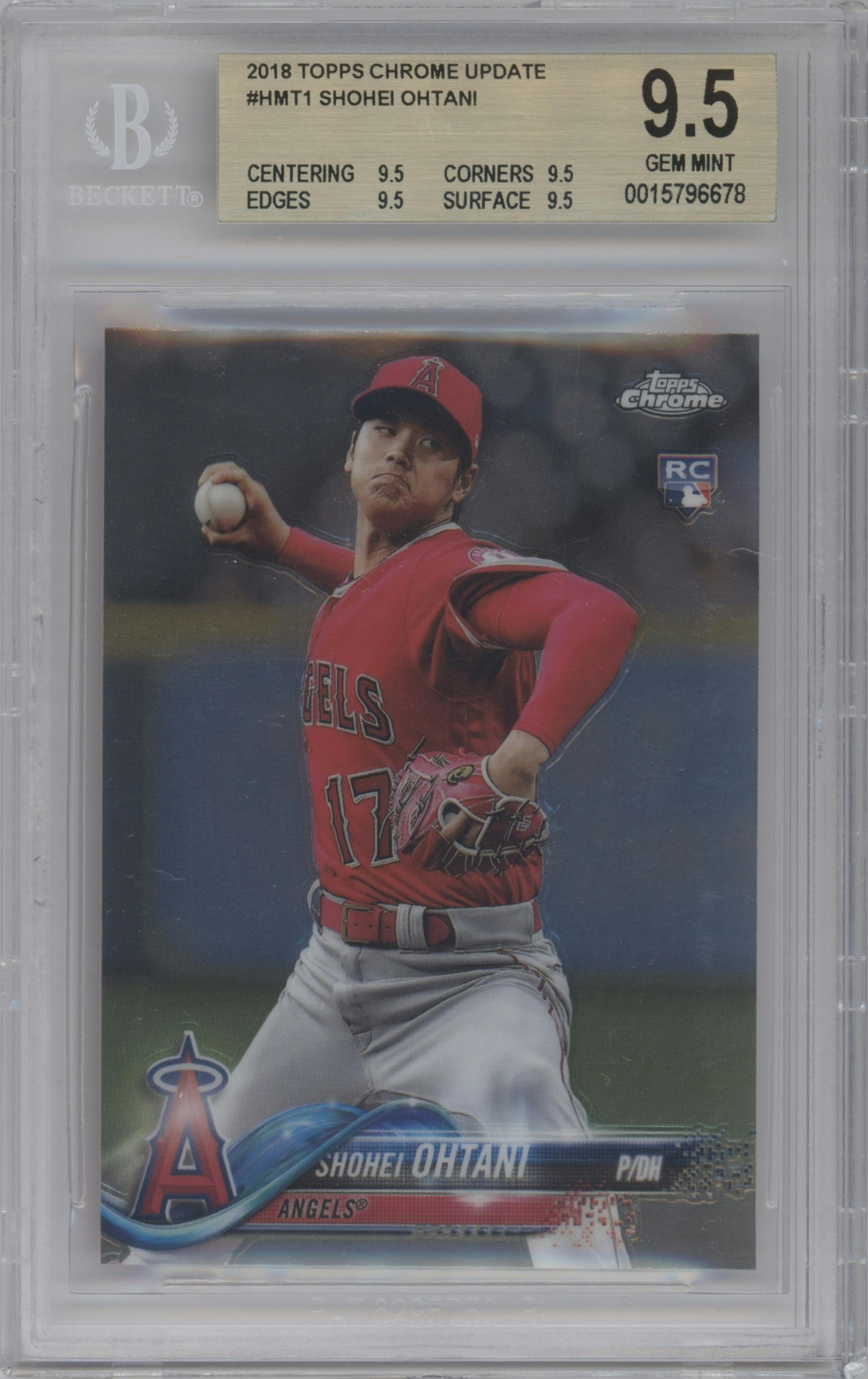 Shohei Ohtani from the 2018 Topps Chrome Update  set graded by Beckett and given an overall grade of 9.5.