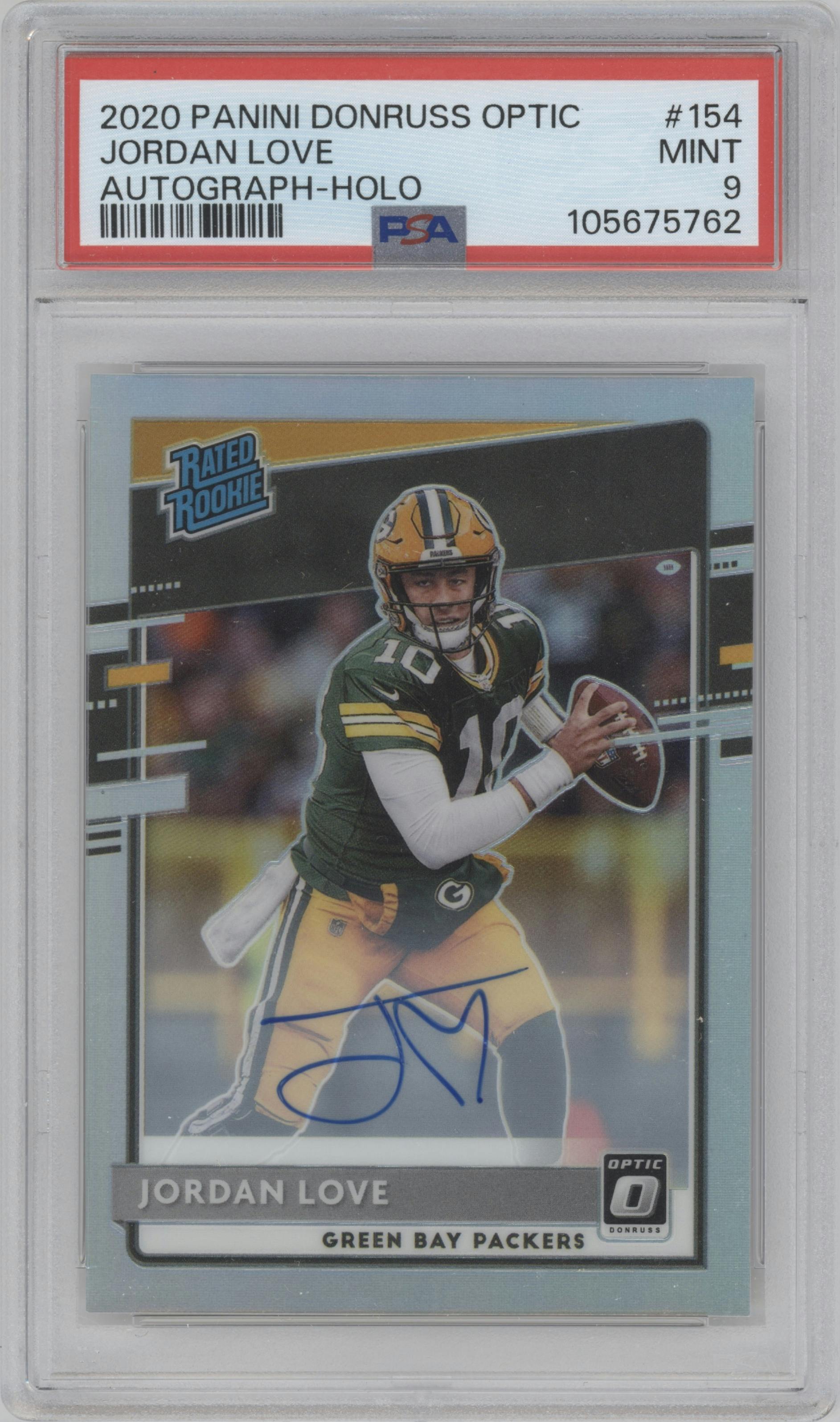 Jordan Love from the 2020 Panini Donruss Optic set featuring a Holo parallel graded by PSA and given an overall grade of 9.