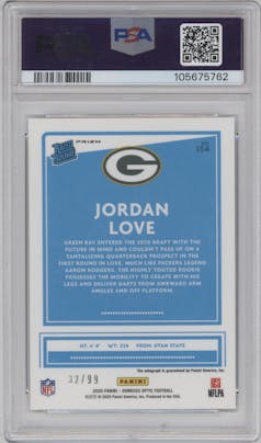 Jordan Love from the 2020 Panini Donruss Optic set featuring a Holo parallel graded by PSA and given an overall grade of 9.