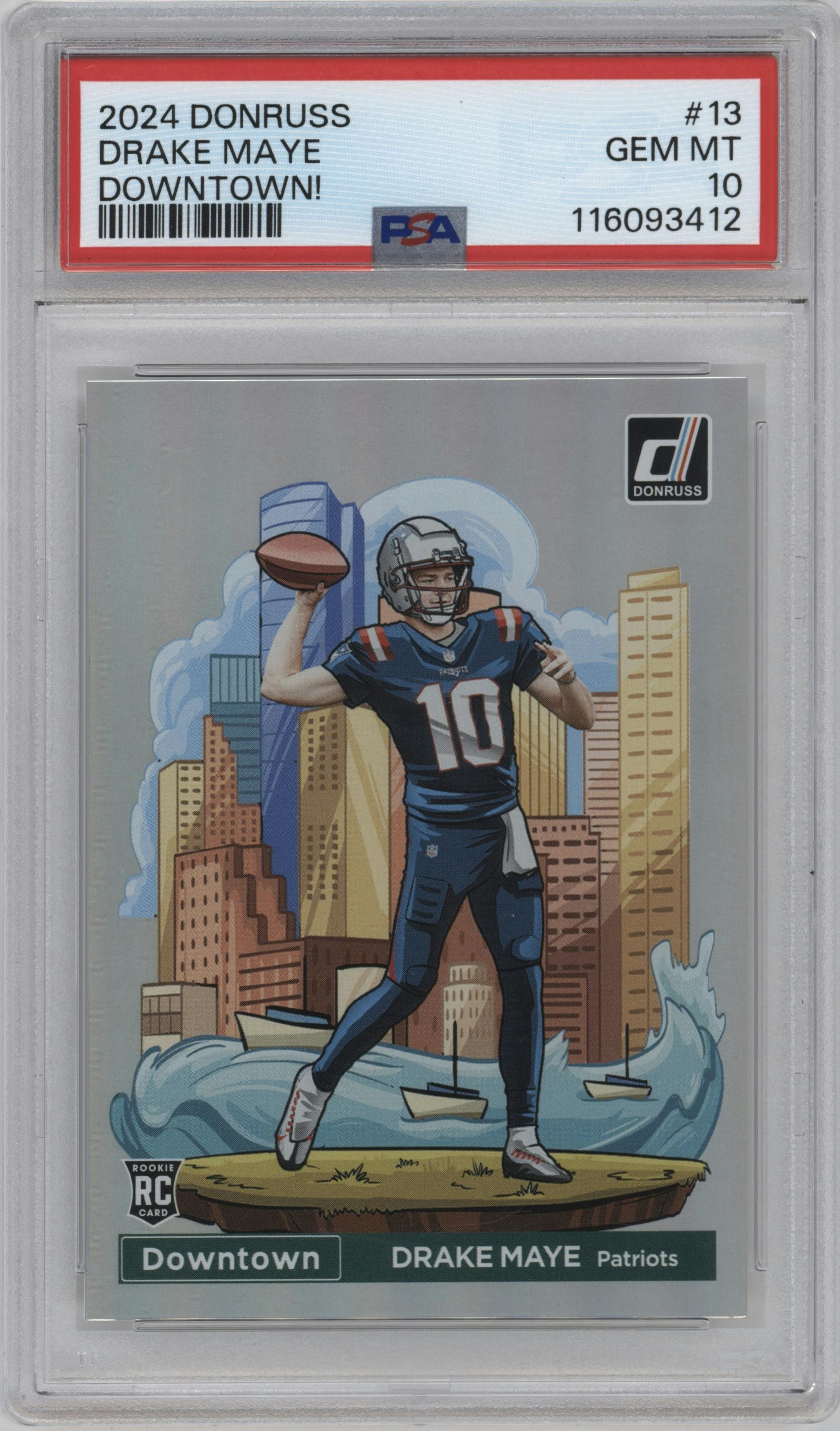 Drake Maye from the 2024 Donruss set graded by PSA and given an overall grade of 10.