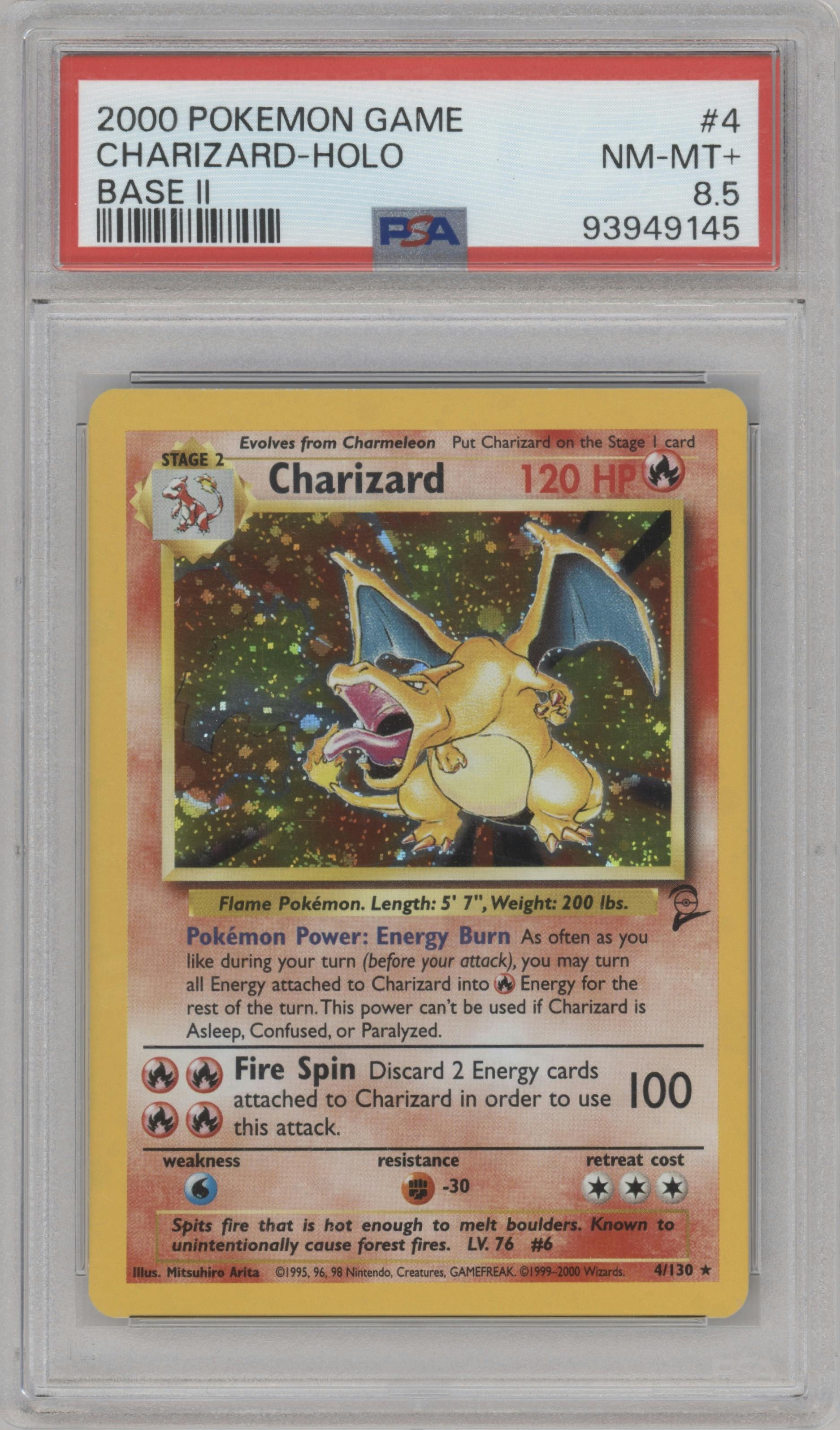 Charizard from the 2000 Pokemon set graded by PSA and given an overall grade of 8.5.